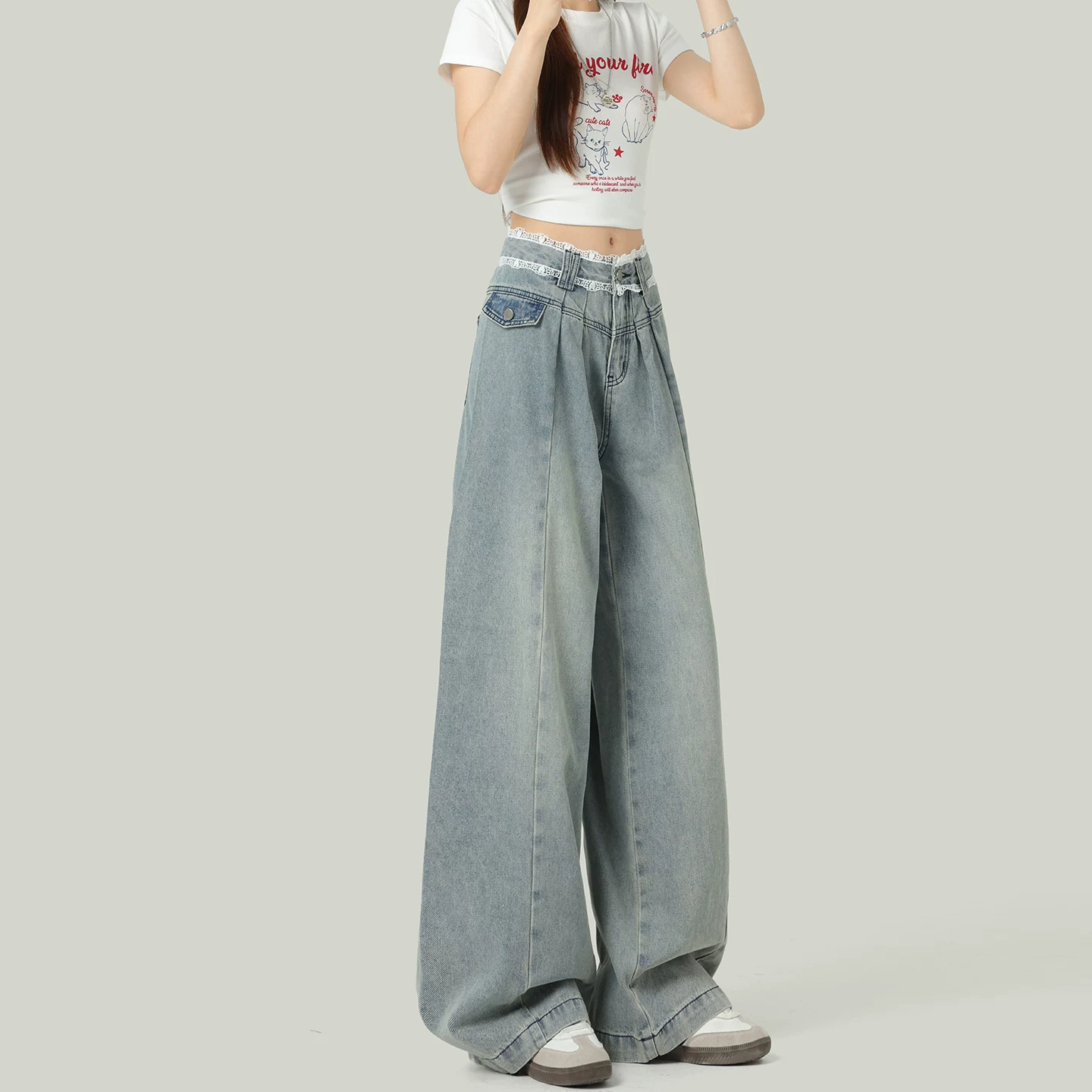 レース切り替え ストレート デニムパンツ ハイウエスト ワイド ロング丈