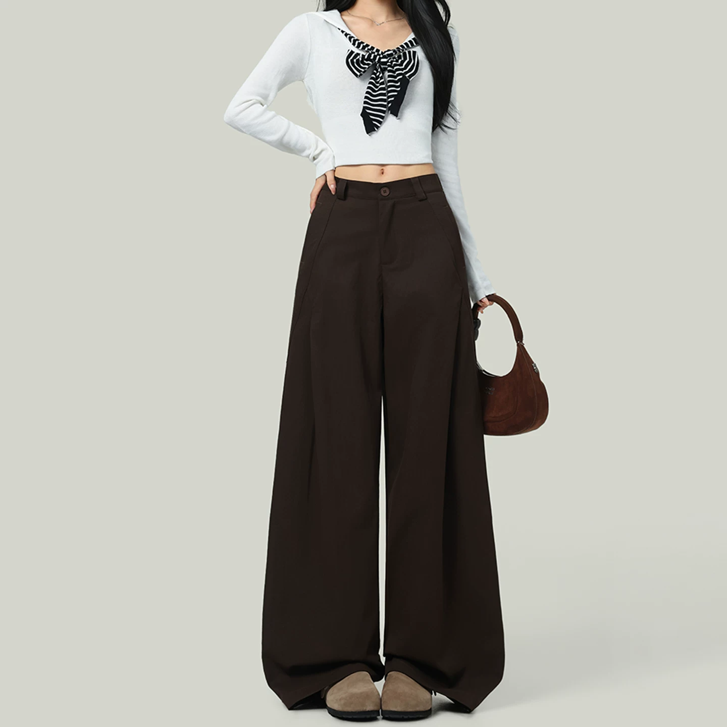 タック入り ワイドスラックス ハイウエスト ロング丈 ブラウン