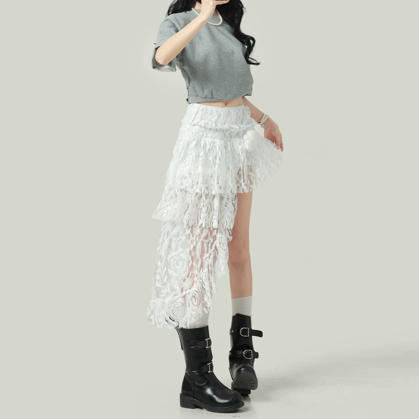 レース イレギュラーヘム ティアードスカート ハイウエスト ホワイト