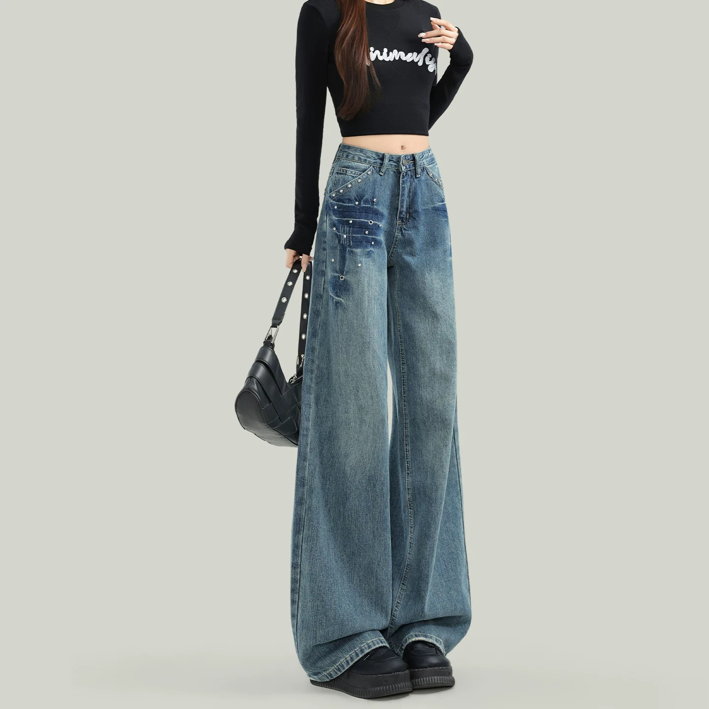 ウォッシュ加工 ワイド デニムパンツ ストレート ハイウエスト 丈選択可