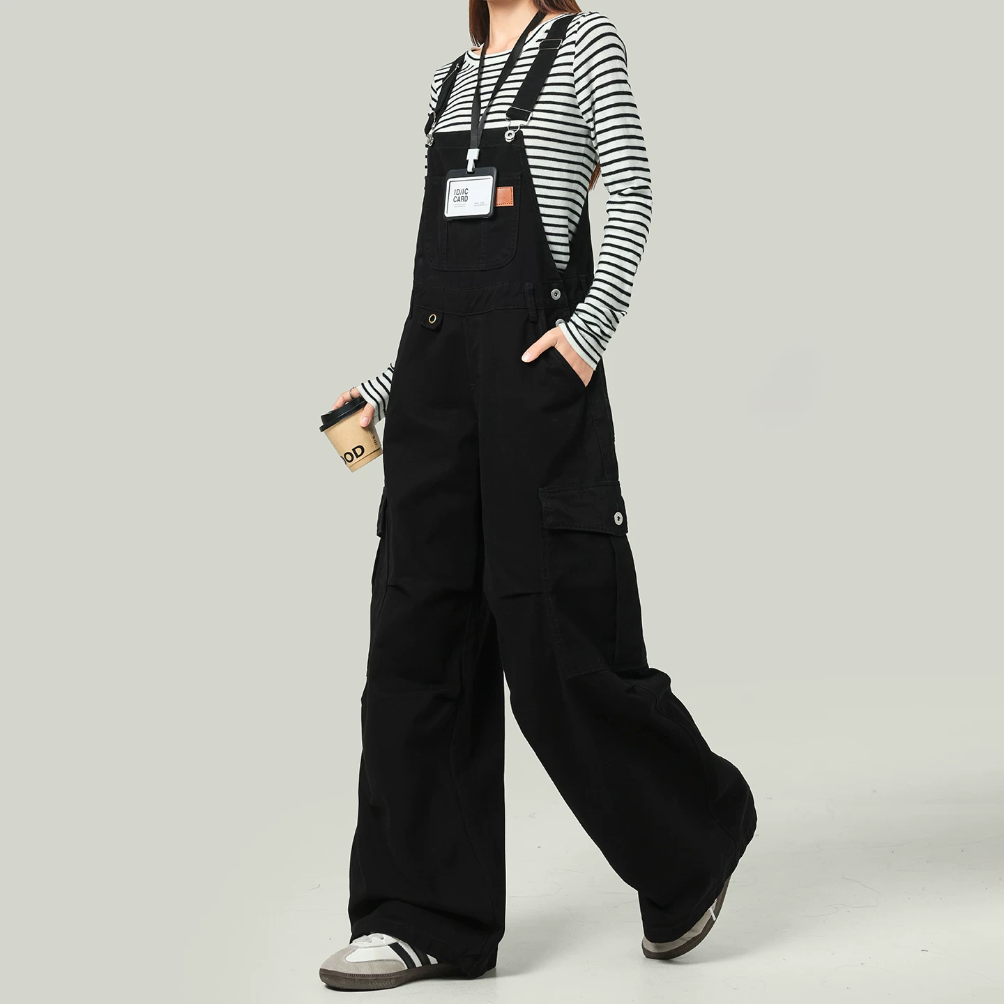 ブラック デニム サロペット ワイドパンツ ストレート