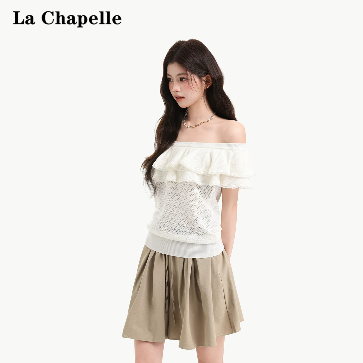 ホワイト オフショルダー フリル 半袖 ニットTシャツ