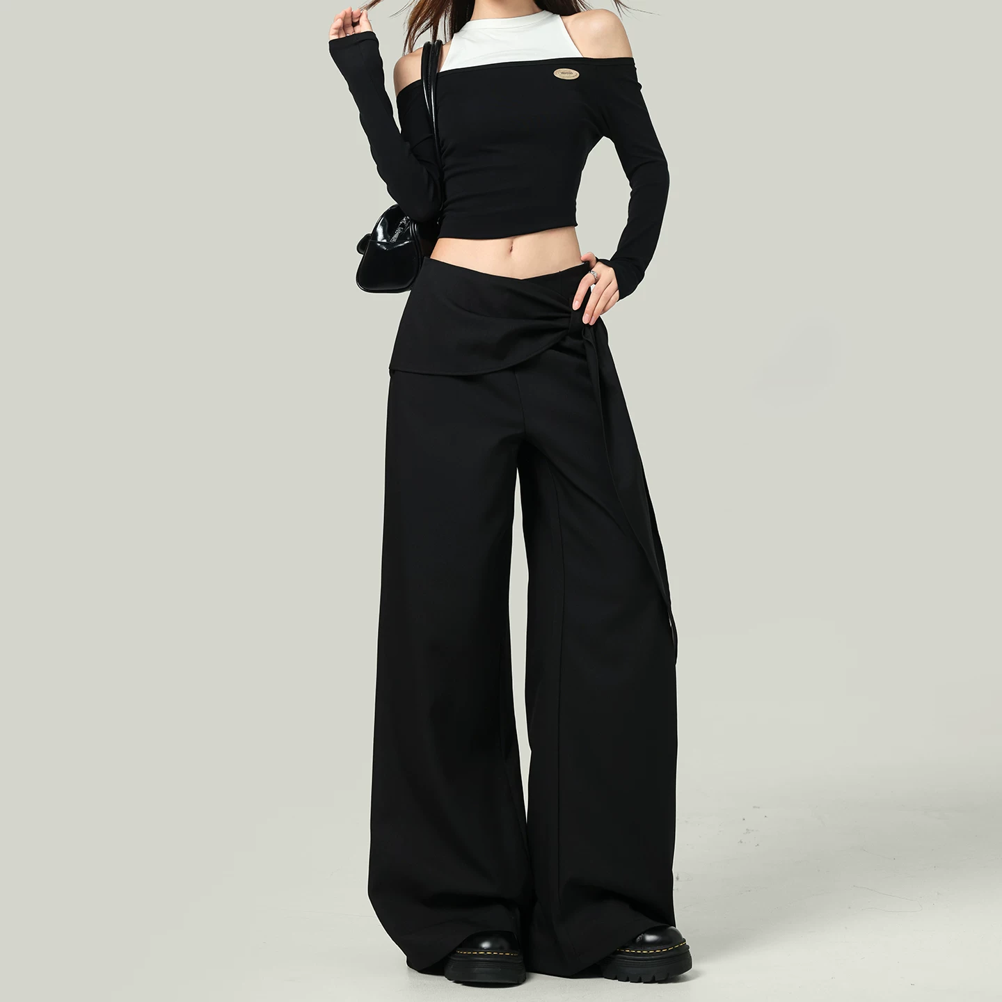 リボン付き ワイドパンツ ハイウエスト ストレート ロング丈