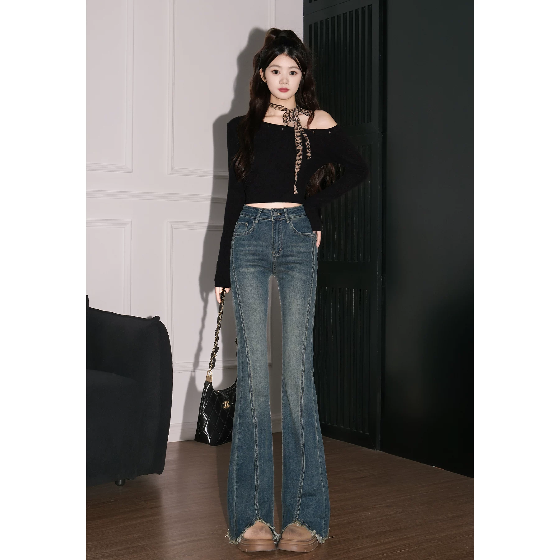 カットオフ セミフレア デニムパンツ ハイウエスト ヴィンテージ加工