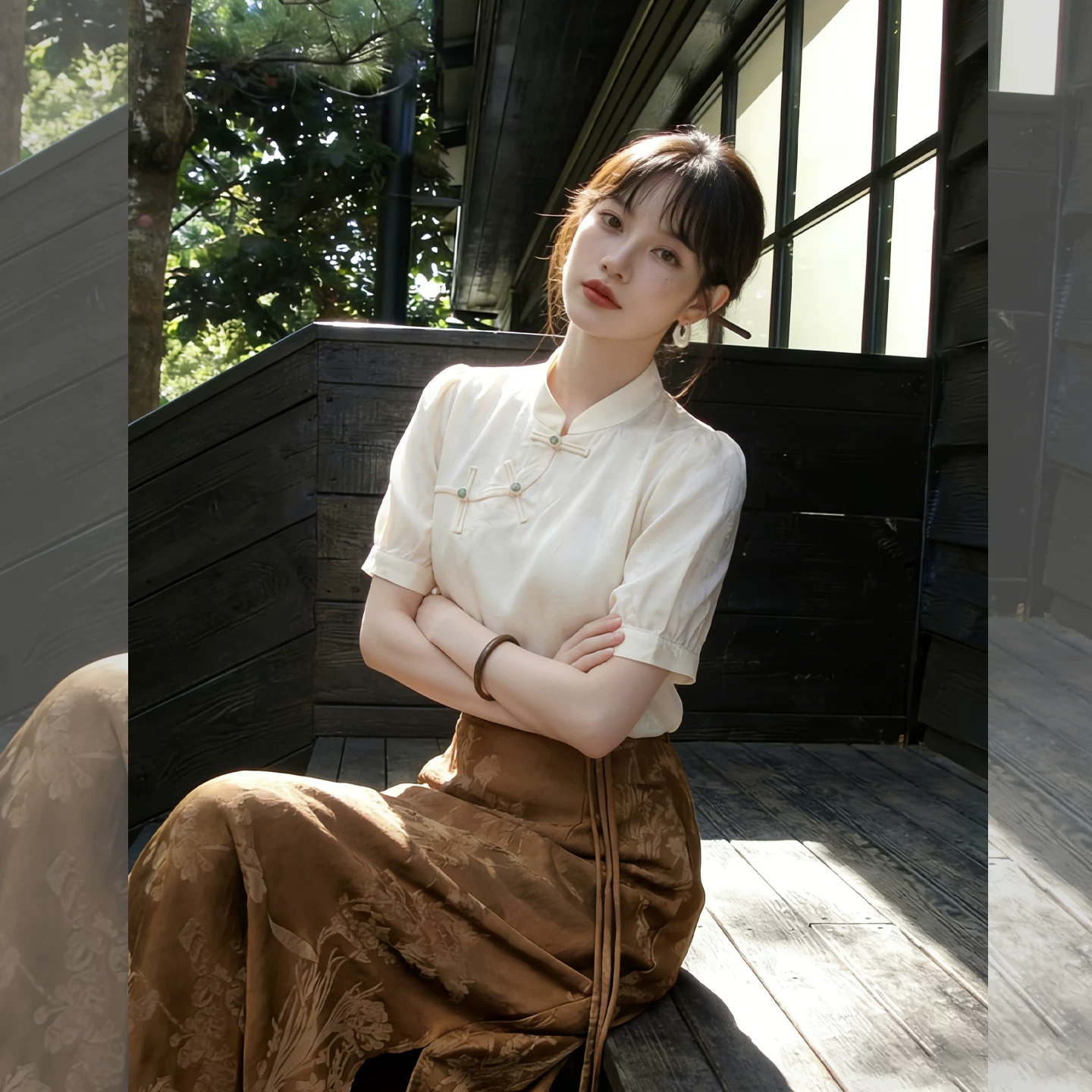 チャイナ風 スタンドカラー チャイナボタン 半袖シャツ ゆったりシルエット