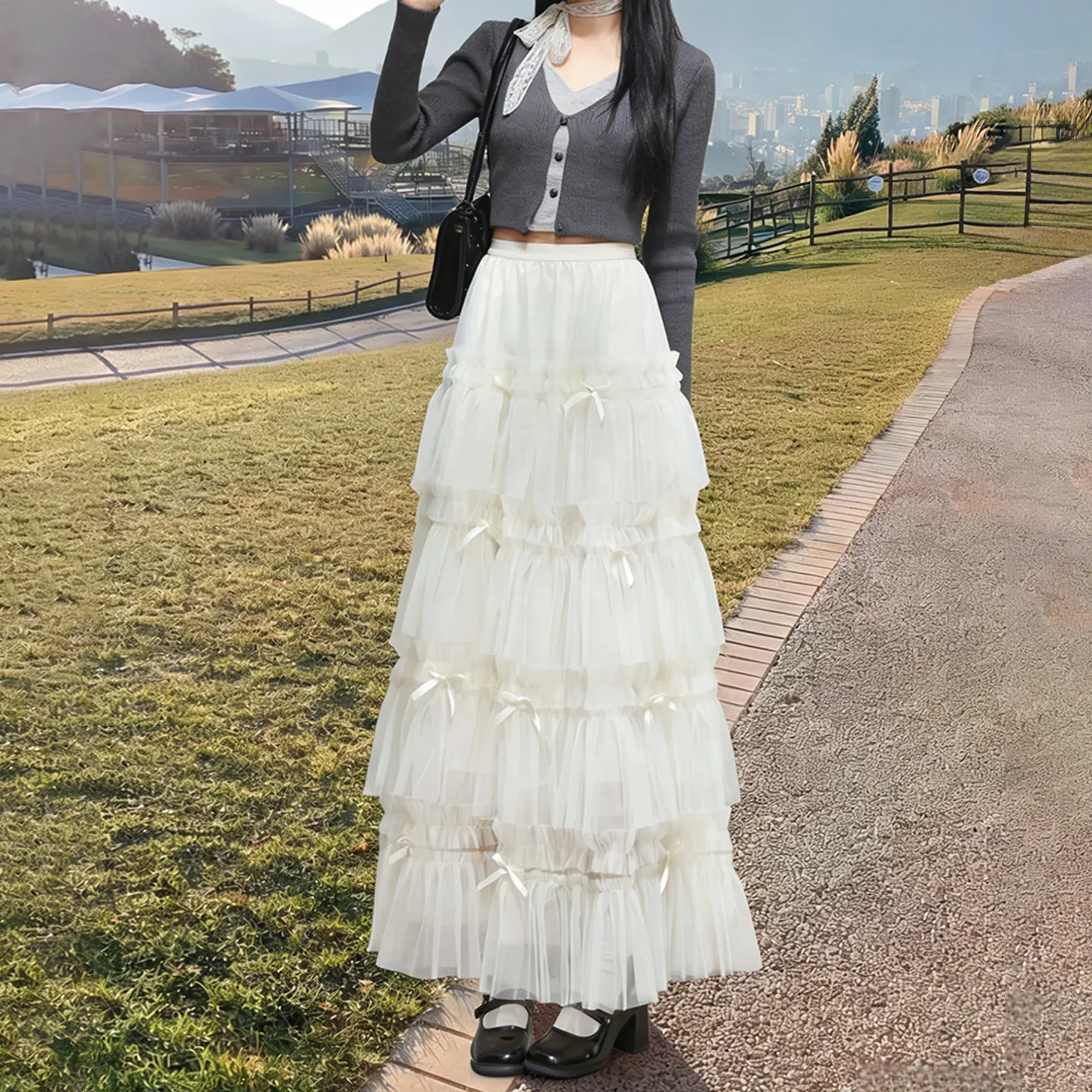 フリル リボン ティアード ロングスカート ハイウエスト アプリコット