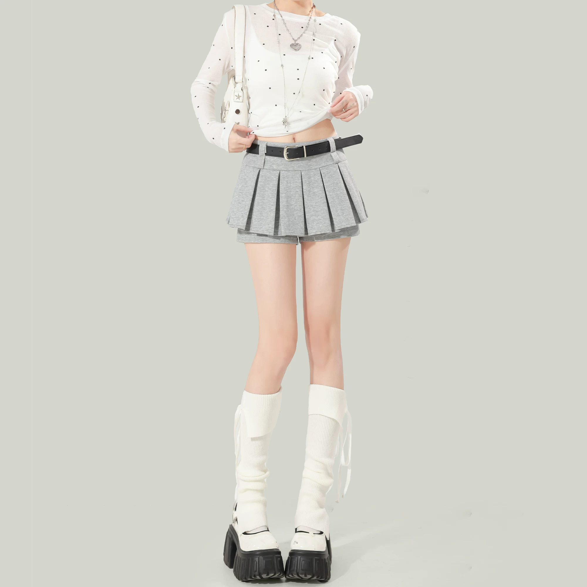 プリーツ ミニスカート ハイウエスト Aライン インナーパンツ付き