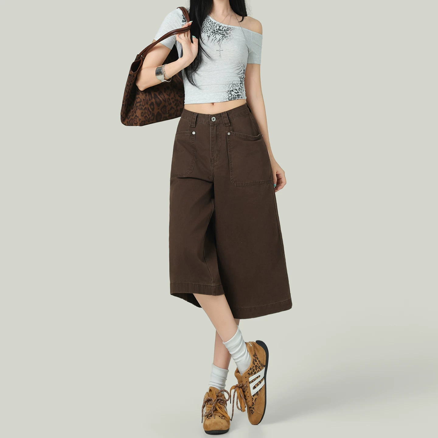 七分丈 ワイドパンツ ハイウエスト ゆったり ブラウン