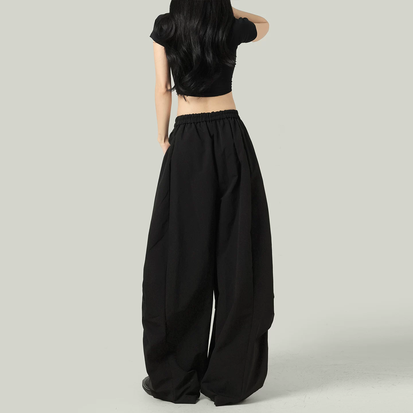 バレルパンツ ワイドパンツ ハイウエスト ドレープ ブラック