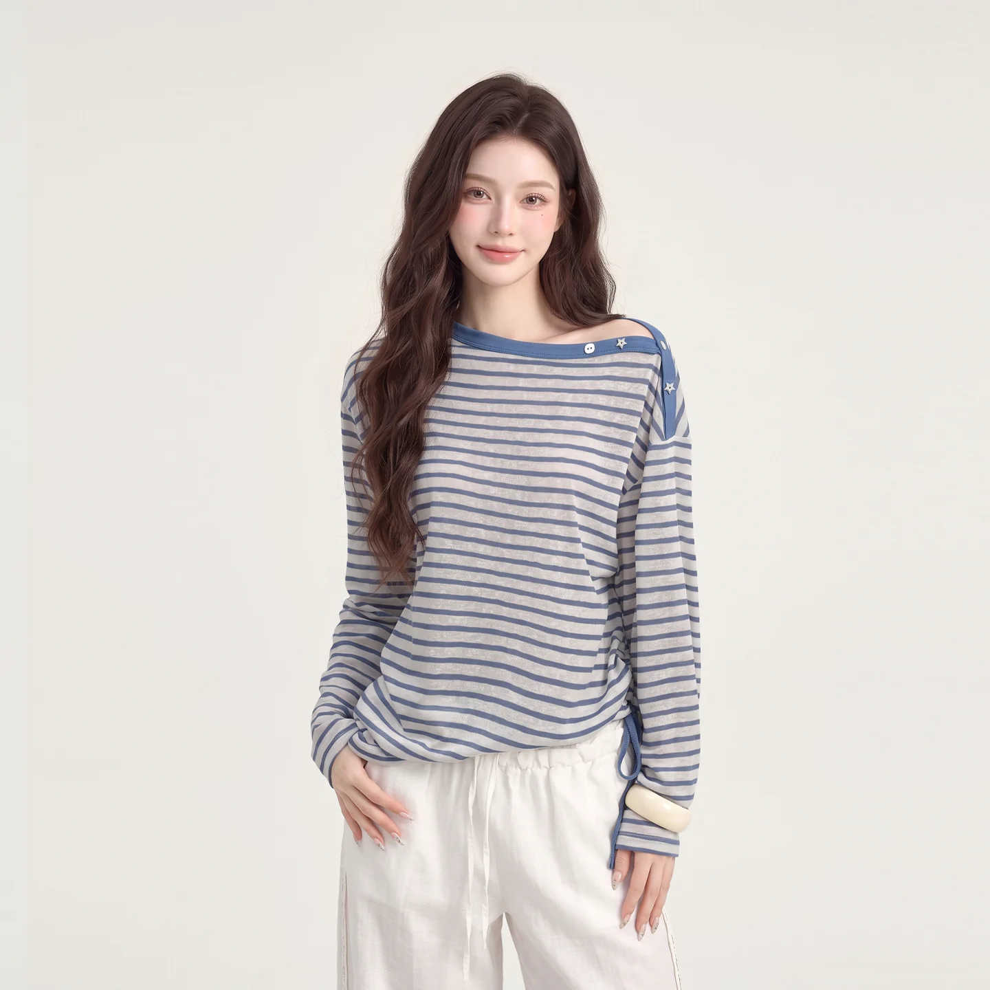 ボーダー 長袖Tシャツ アシンメトリーネック ドロスト ブルー