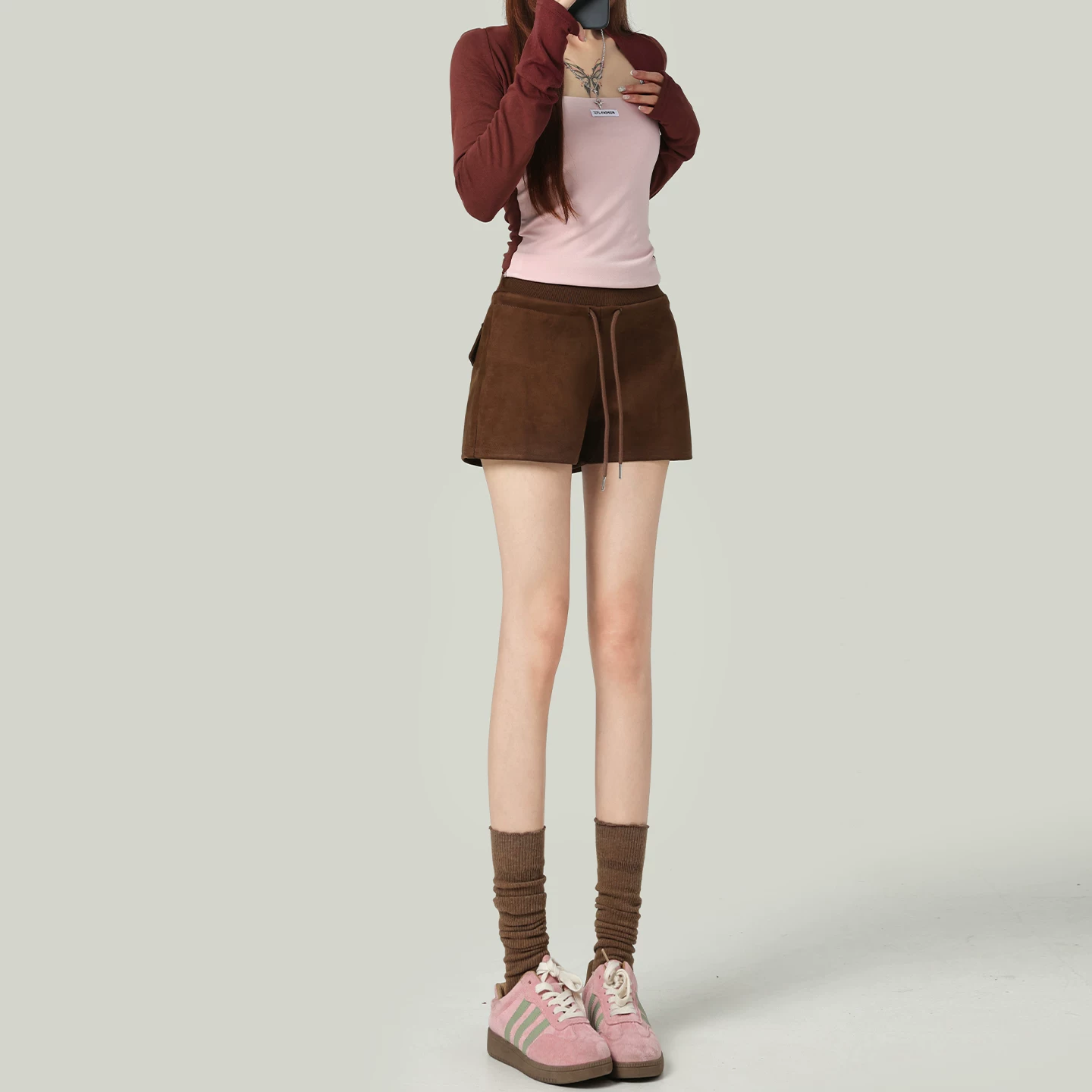 スエード調 ショートパンツ ハイウエスト Aライン ブラウン