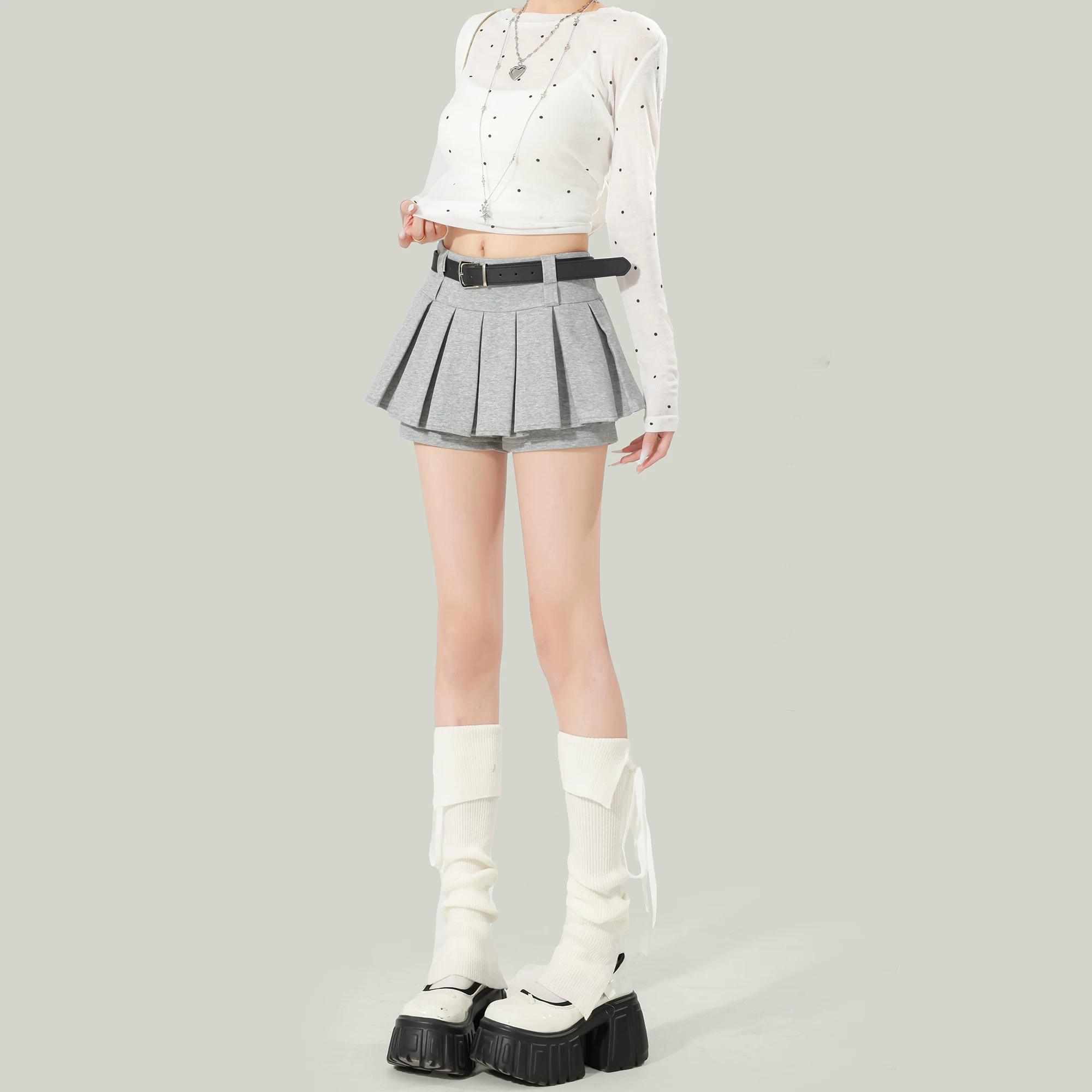 プリーツ ミニスカート ハイウエスト Aライン インナーパンツ付き