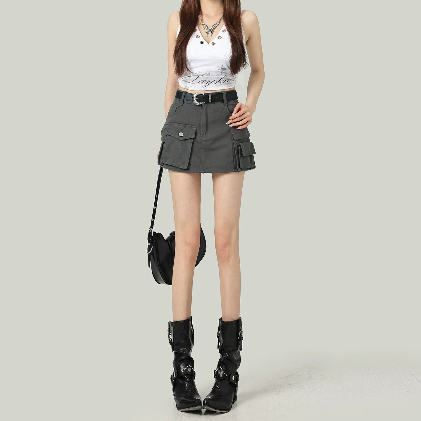 ワークテイスト Aライン ミニスカート マルチポケット ハイウエスト 裏地付き