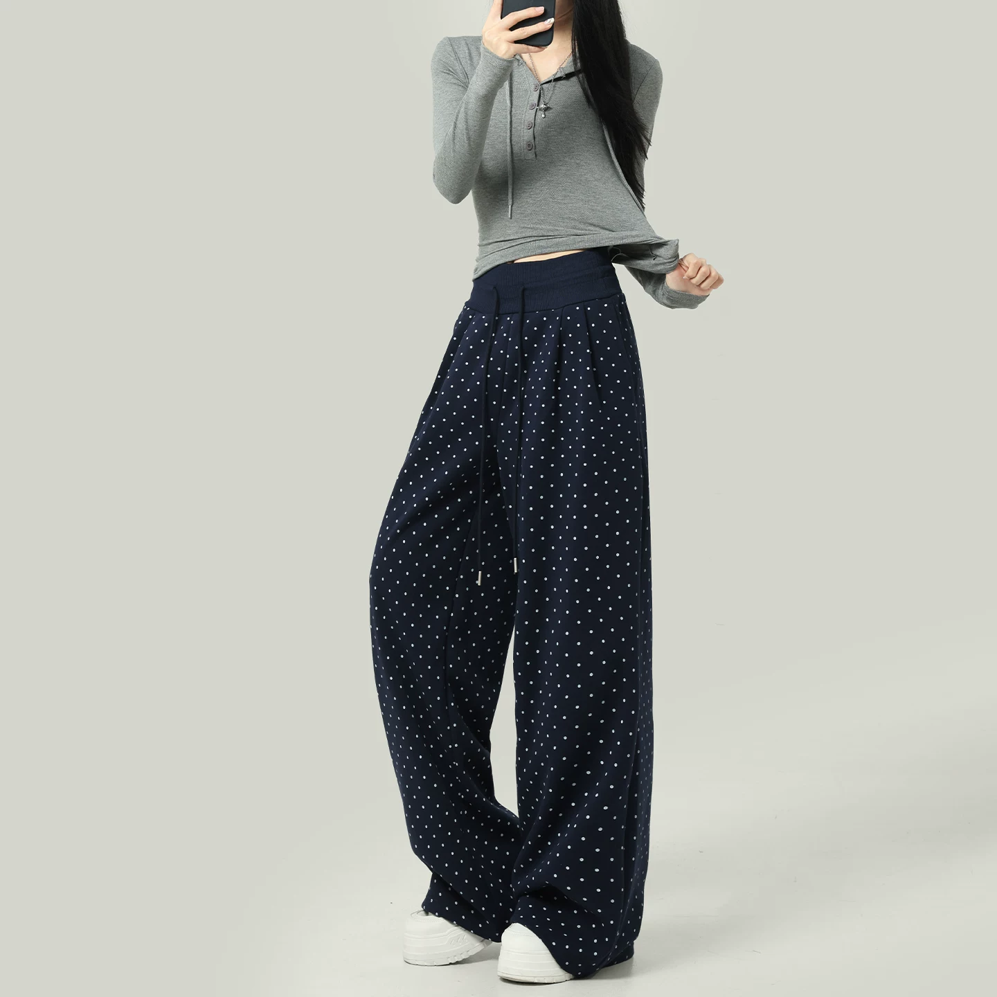 ドット柄 スウェットパンツ ローウエスト ワイド ストレート ネイビー