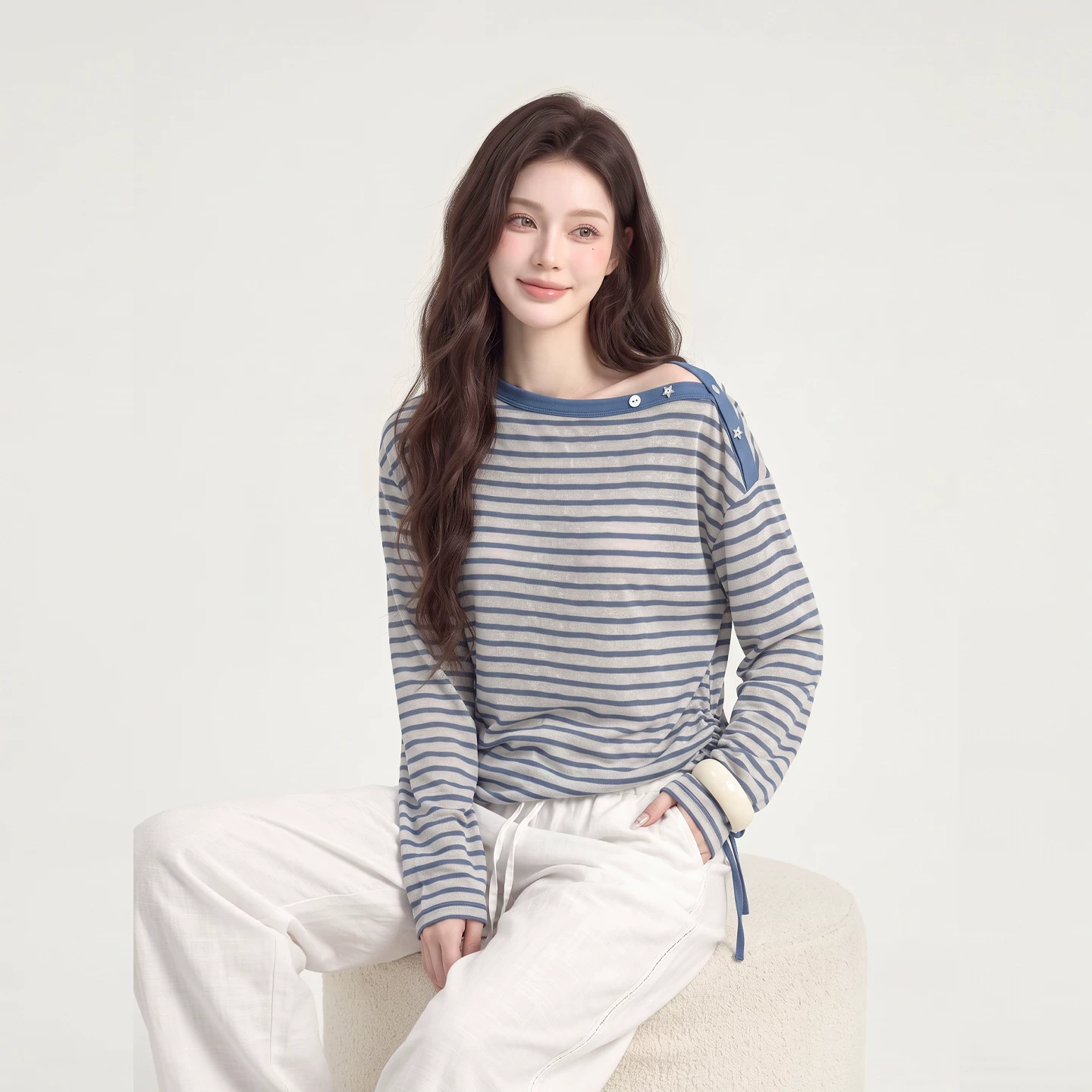 ボーダー 長袖Tシャツ アシンメトリーネック ドロスト ブルー