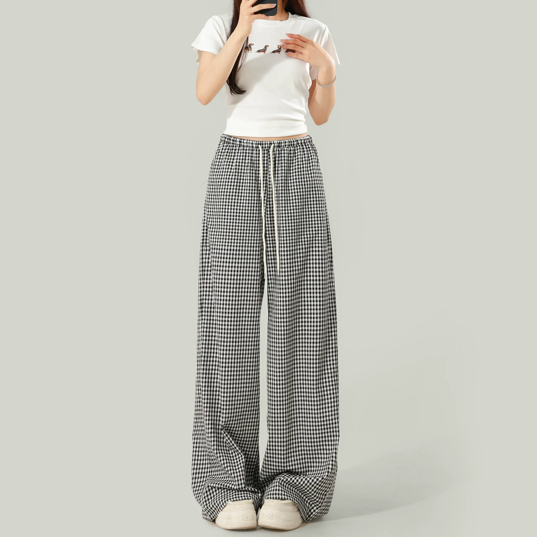チェック柄 ワイドパンツ ハイウエスト 薄手 ポケット付き