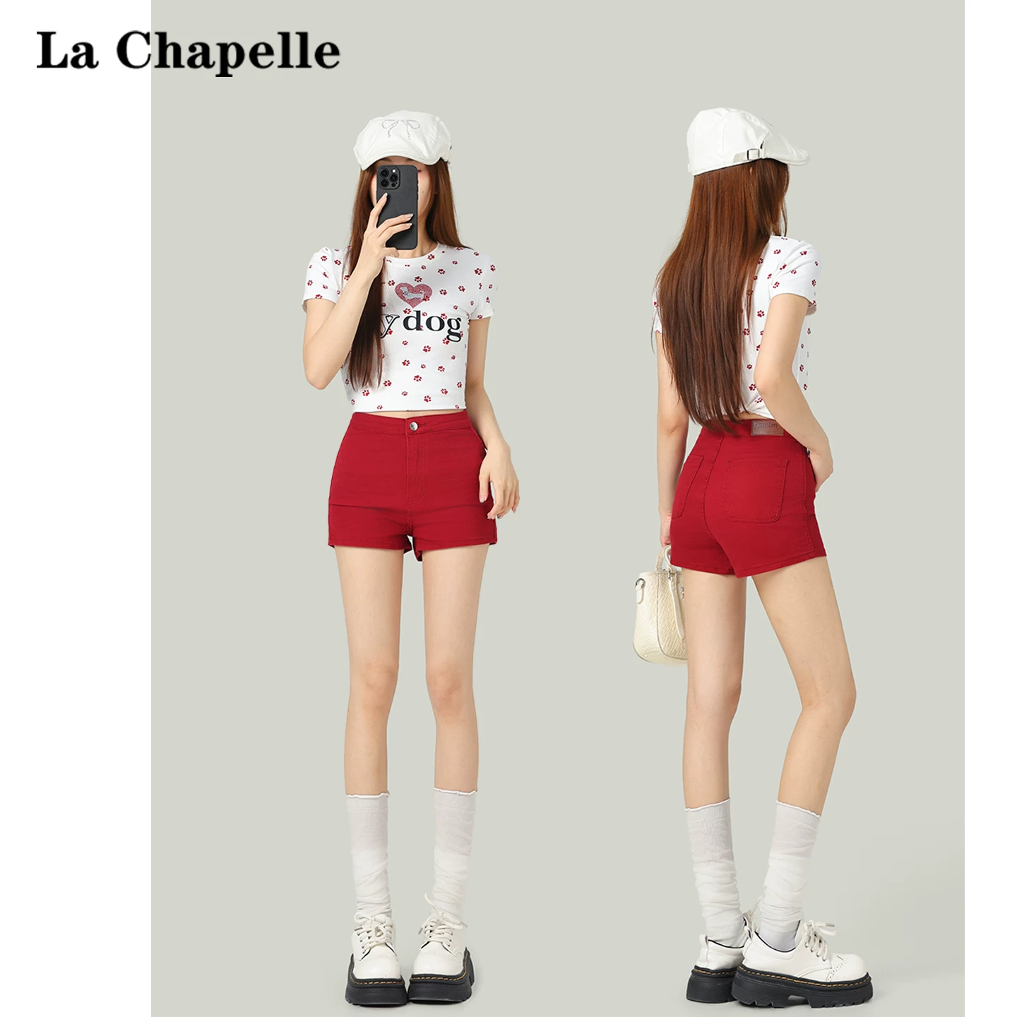 デニム ショートパンツ ハイウエスト ストレッチ ダークレッド