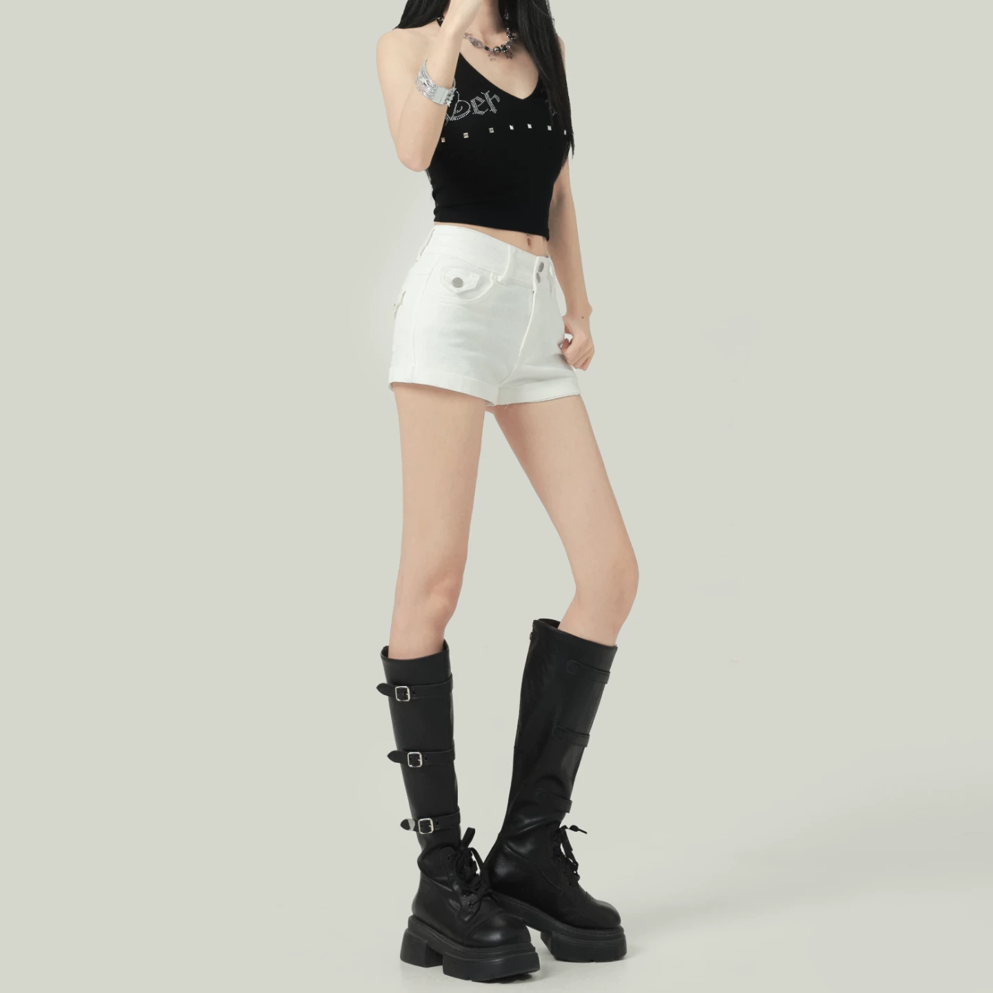 デニム ショートパンツ ハイウエスト ストレッチ ホワイト