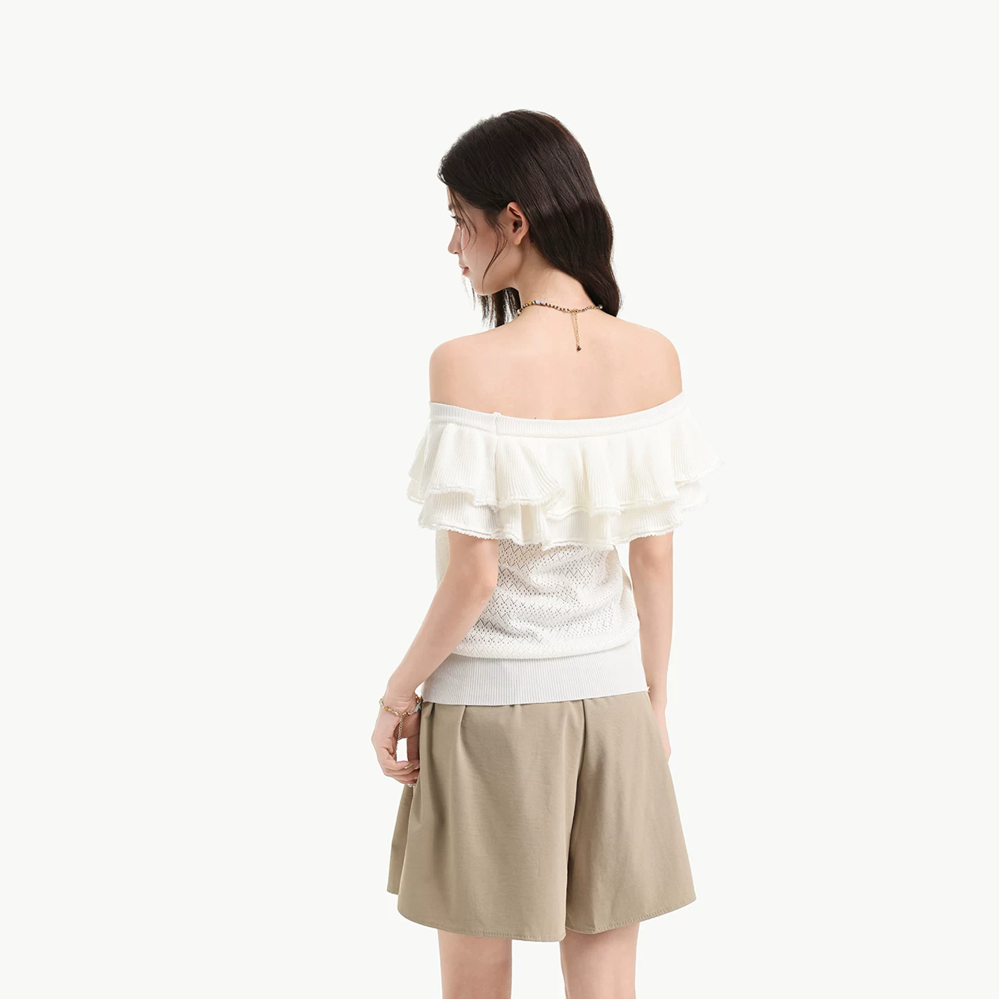 ホワイト オフショルダー フリル 半袖 ニットTシャツ
