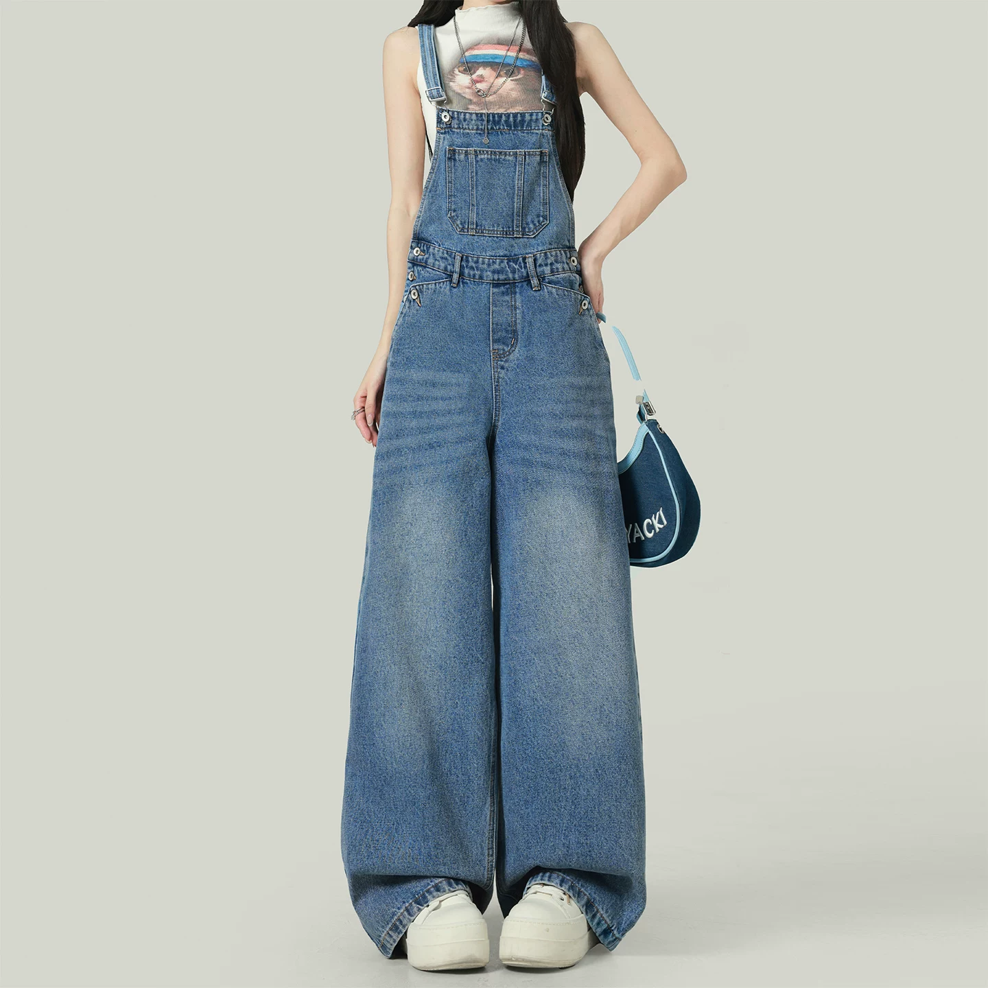 デニム サロペット ワイドパンツ ハイウエスト ライトブルー