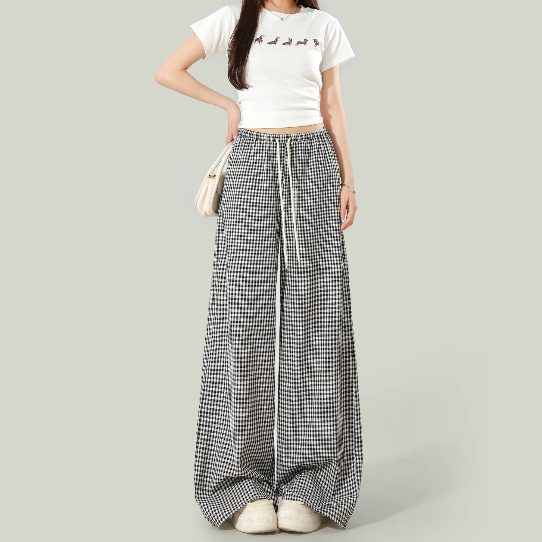 チェック柄 ワイドパンツ ハイウエスト 薄手 ポケット付き