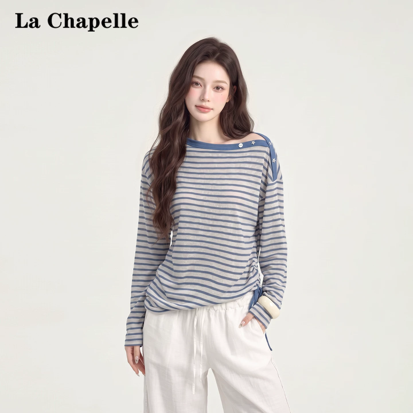 ボーダー 長袖Tシャツ アシンメトリーネック ドロスト ブルー