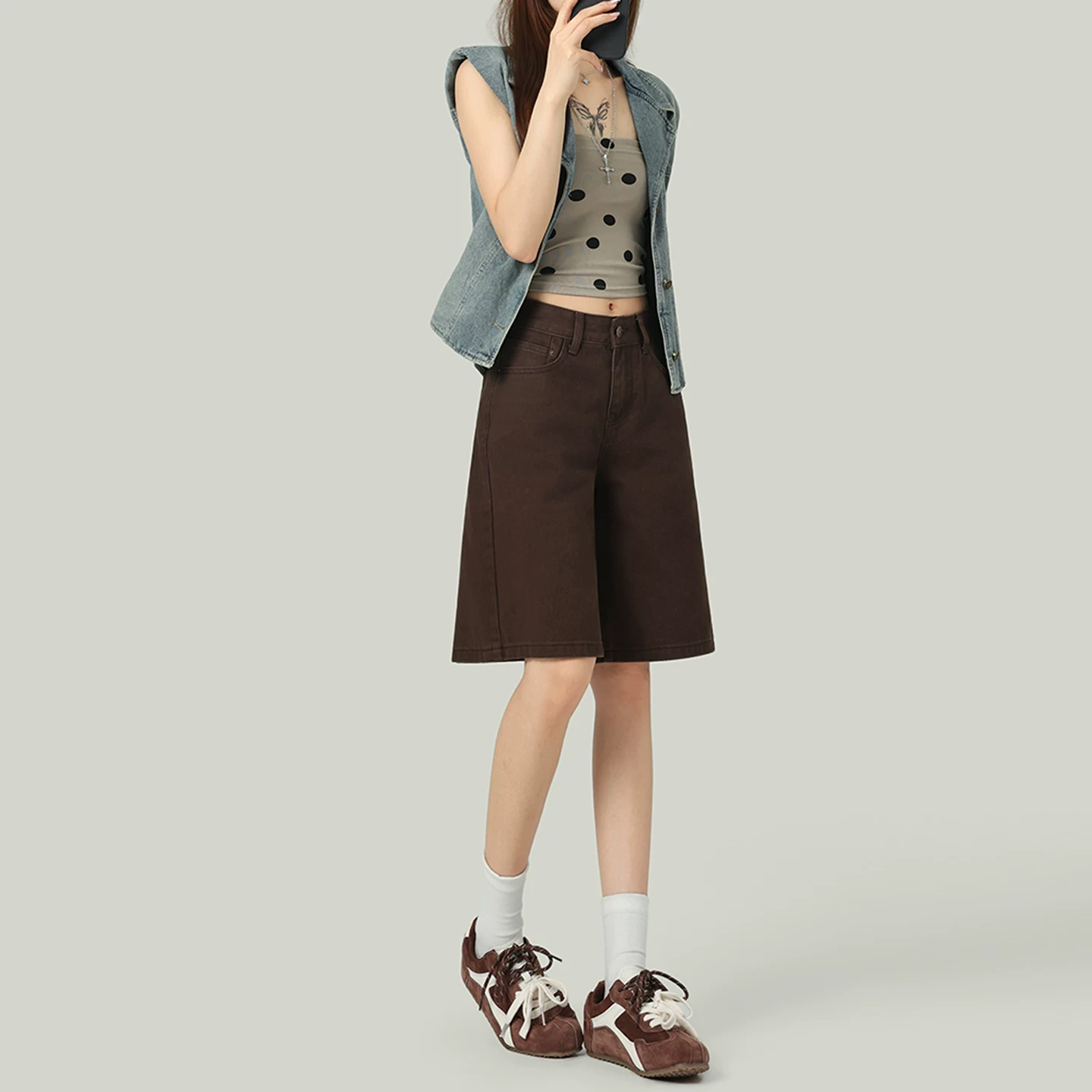 デニムハーフパンツ ハイウエスト ストレート 五分丈 ブラウン