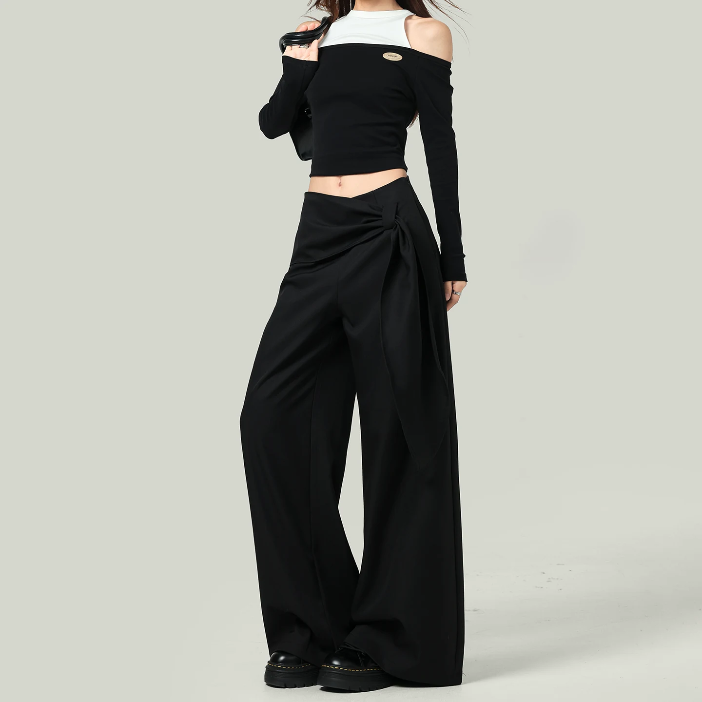 リボン付き ワイドパンツ ハイウエスト ストレート ロング丈