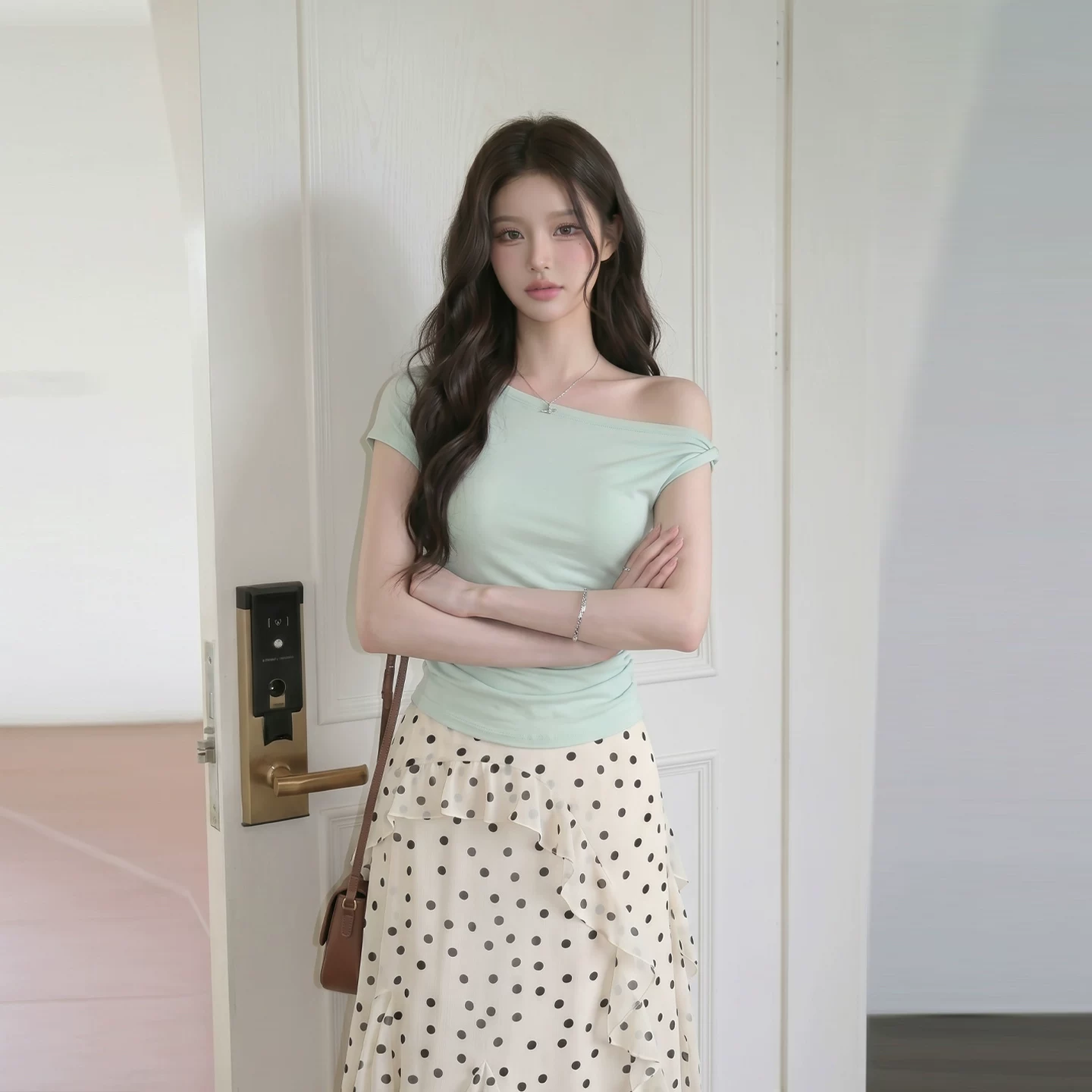 アシンメトリーネック 半袖Tシャツ タイトシルエット ミントグリーン