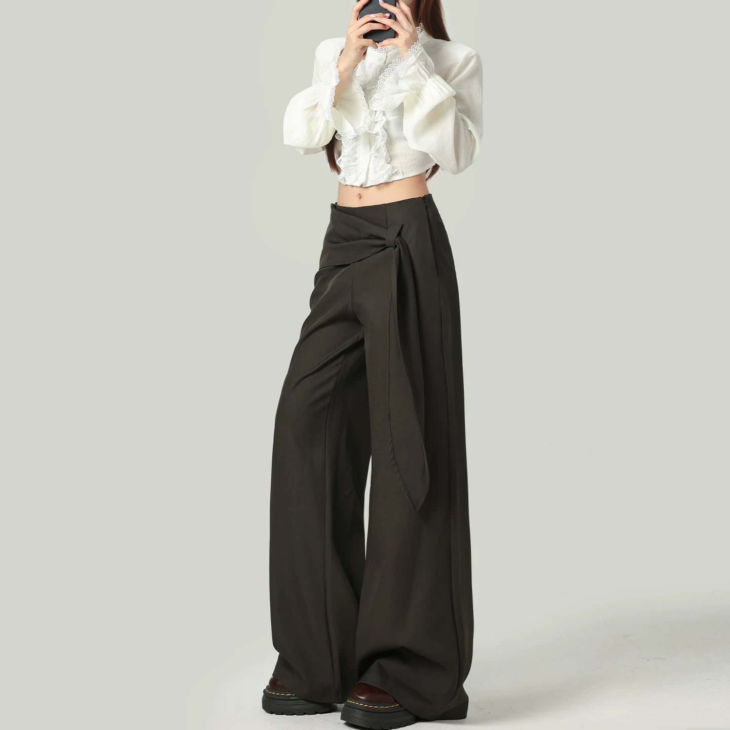 リボン付き ワイドスラックス ハイウエスト ストレート ブラウン