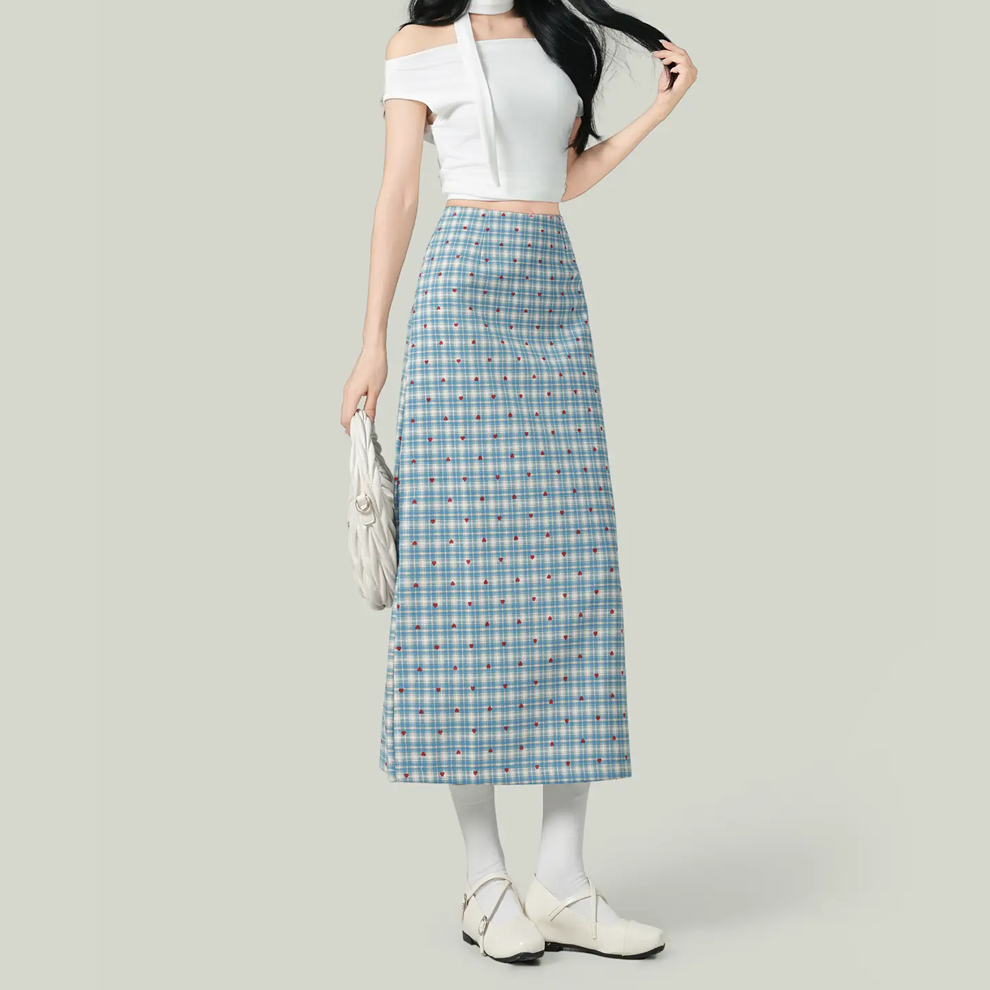 チェック柄 スリットスカート ハイウエスト Aライン ミモレ丈 ブルー