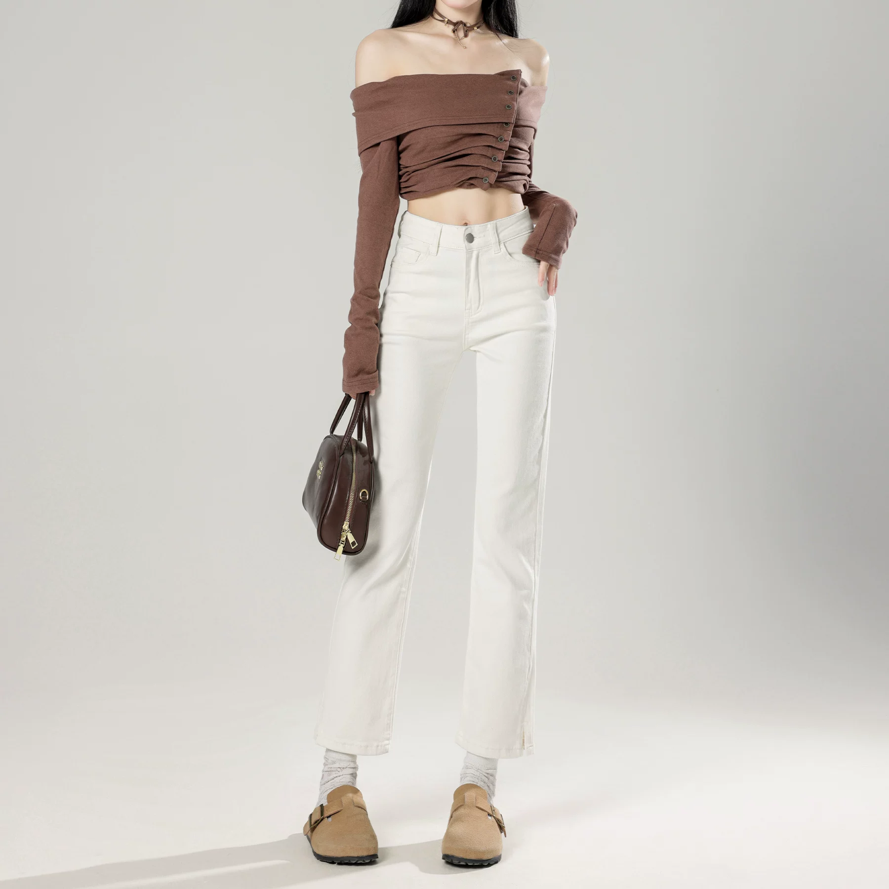 ハイウエスト ストレートデニム ロング丈 ボタンフライ