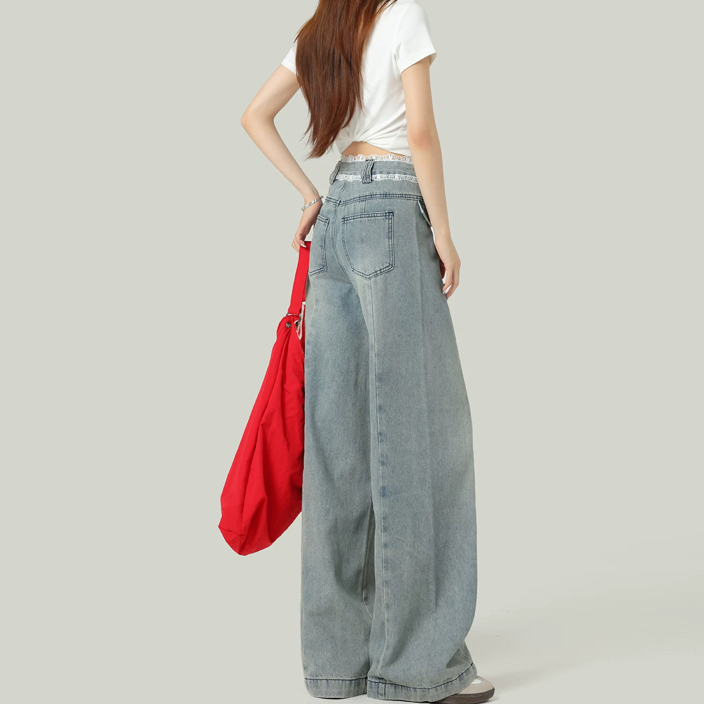 レース切り替え ストレート デニムパンツ ハイウエスト ワイド ロング丈