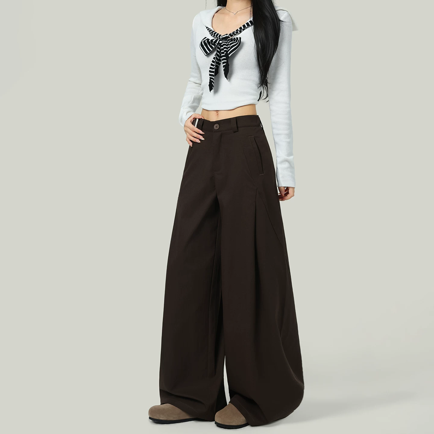 タック入り ワイドスラックス ハイウエスト ロング丈 ブラウン
