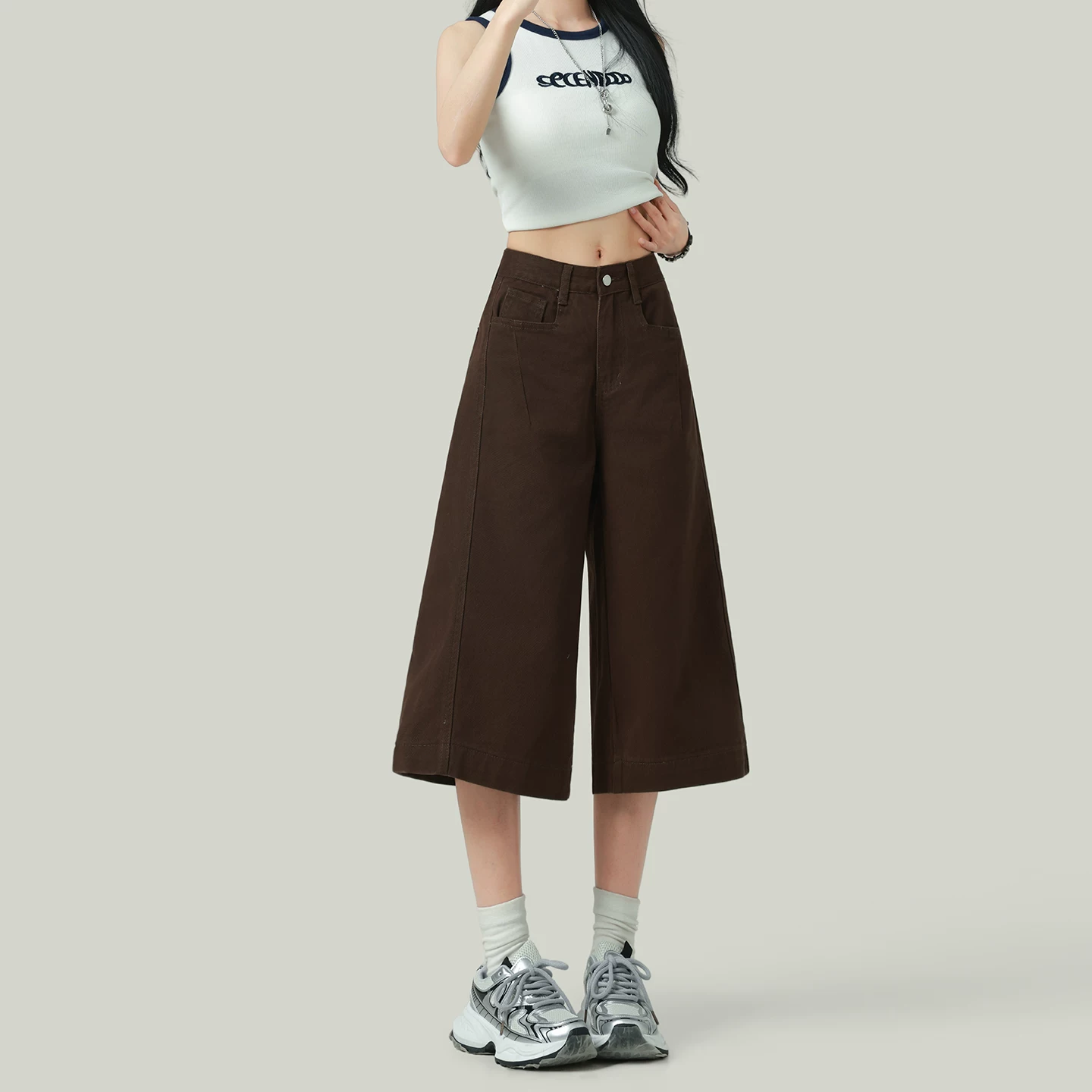 クロップド ワイドデニムパンツ ハイウエスト 七分丈 ブラウン