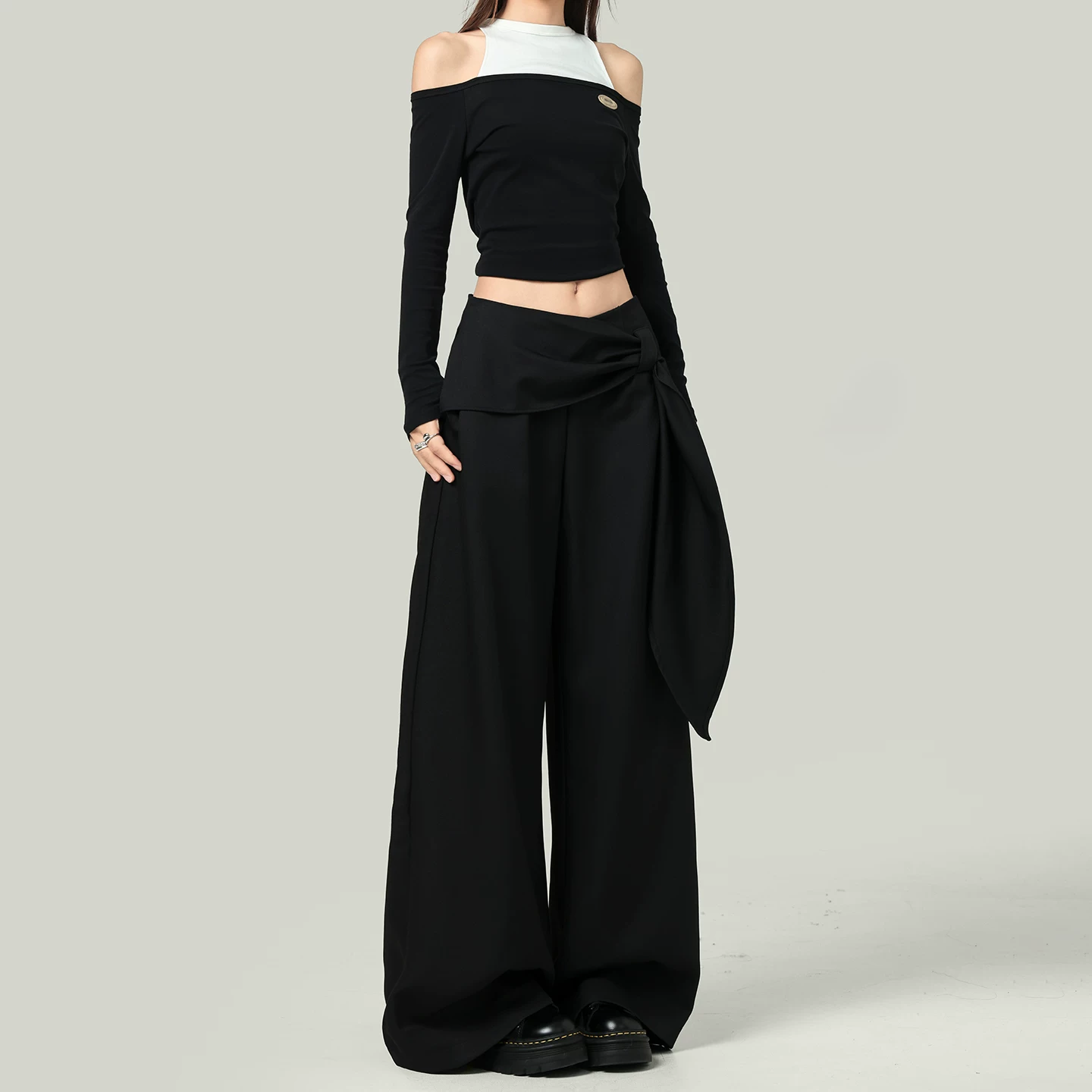リボン付き ワイドパンツ ハイウエスト ストレート ロング丈