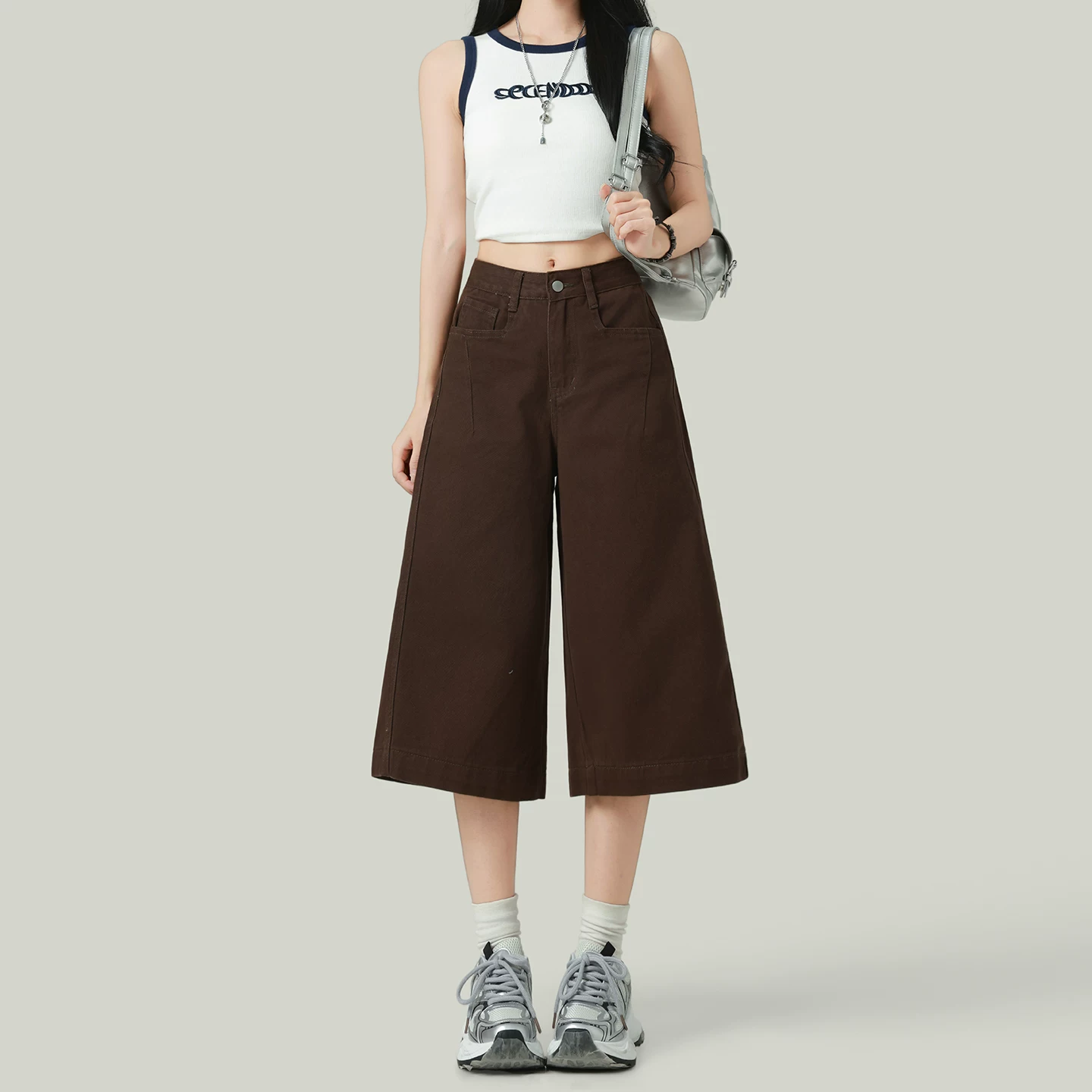 クロップド ワイドデニムパンツ ハイウエスト 七分丈 ブラウン