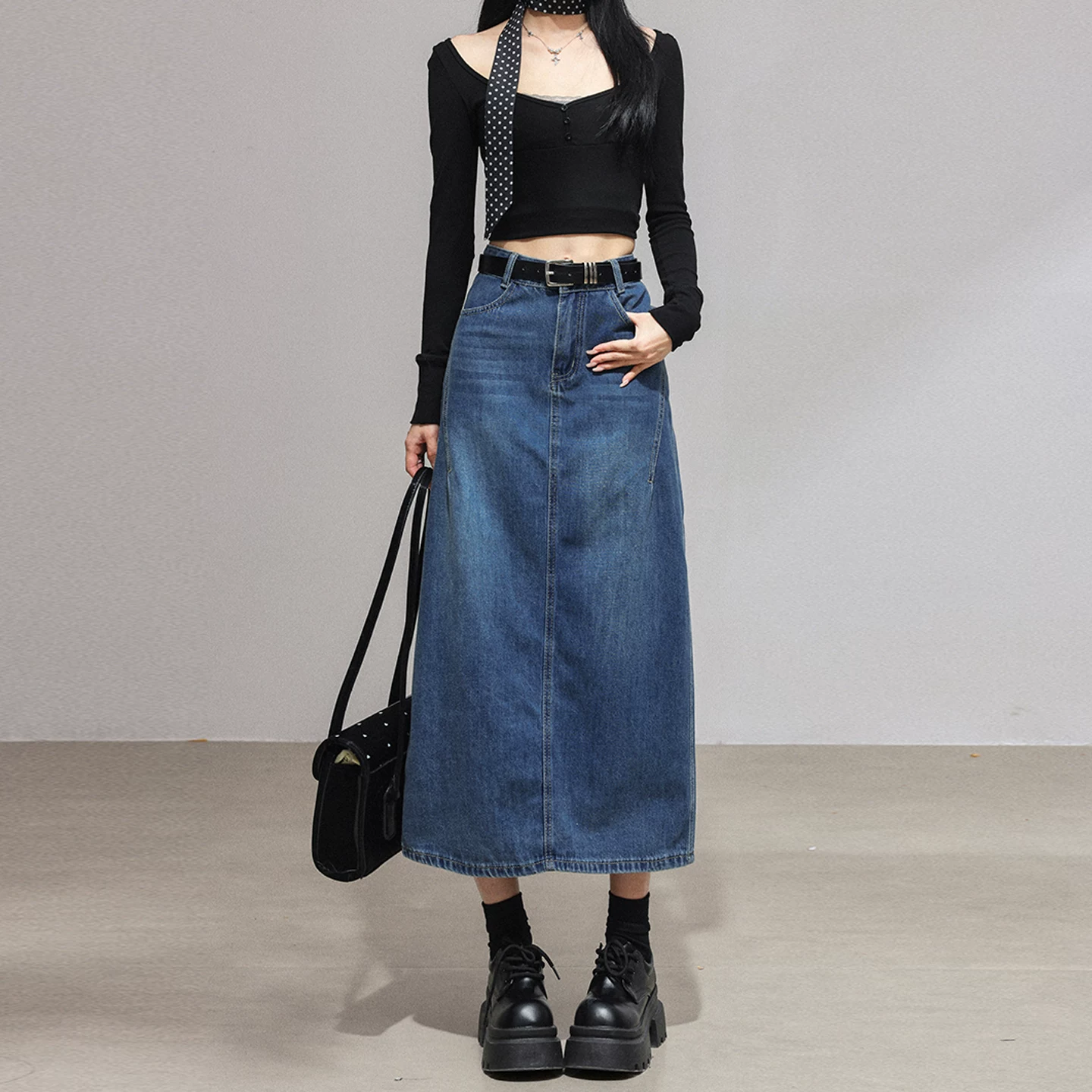 ダークブルー デニム ロングスカート バックスリット