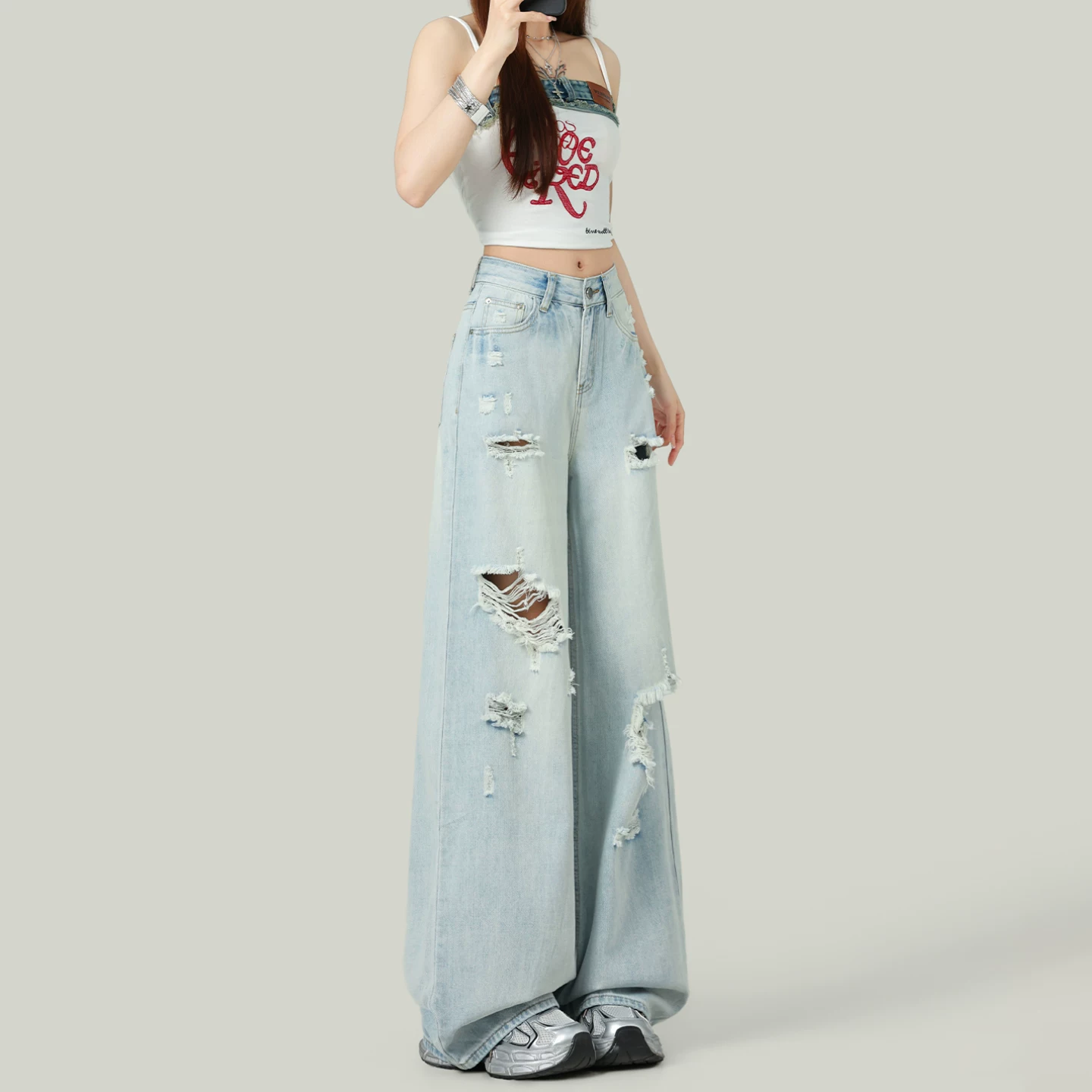 ダメージ加工 ワイドデニムパンツ ハイウエスト ストレート ライトブルー