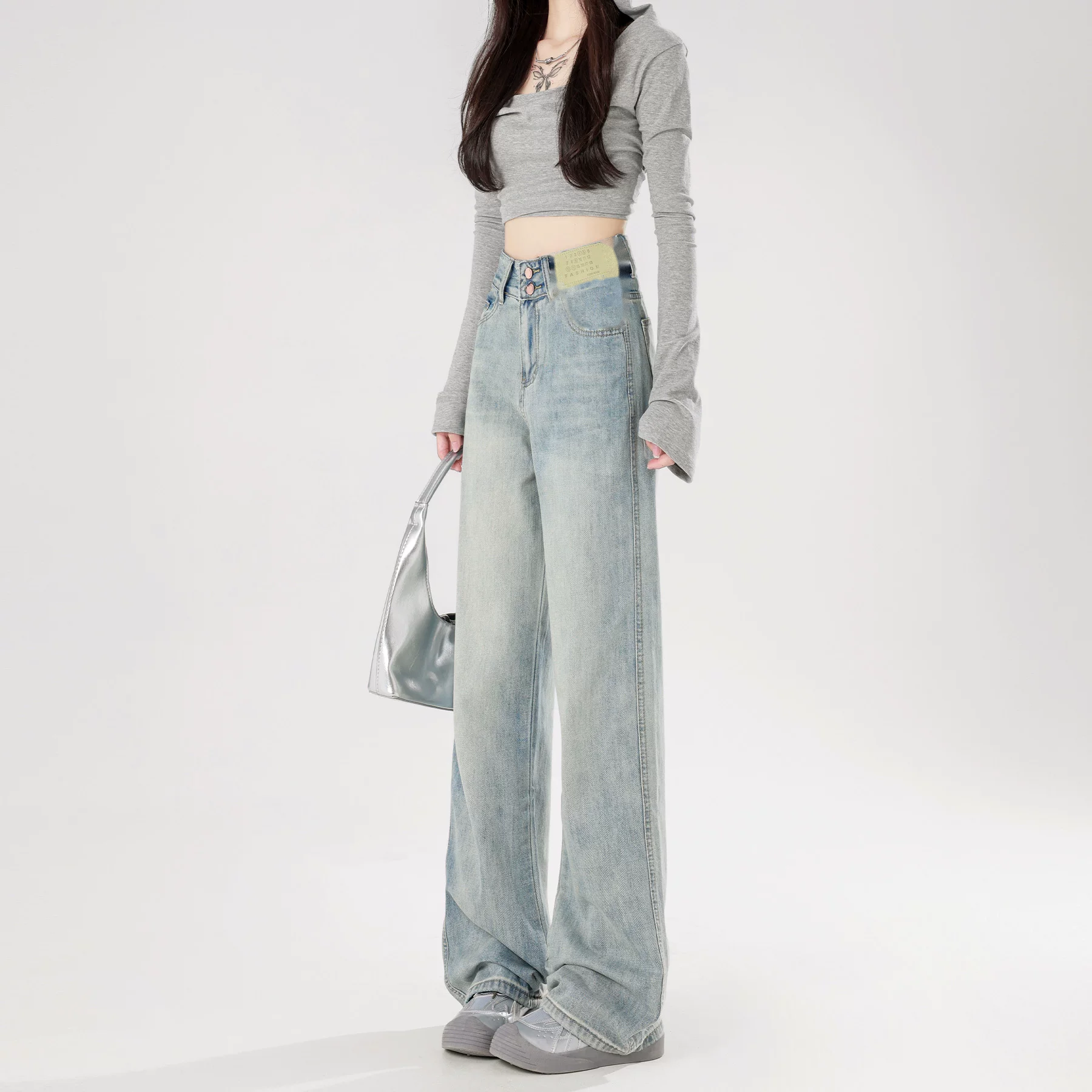 ストレート ワイドデニムパンツ ハイウエスト ライトカラー ロング丈あり