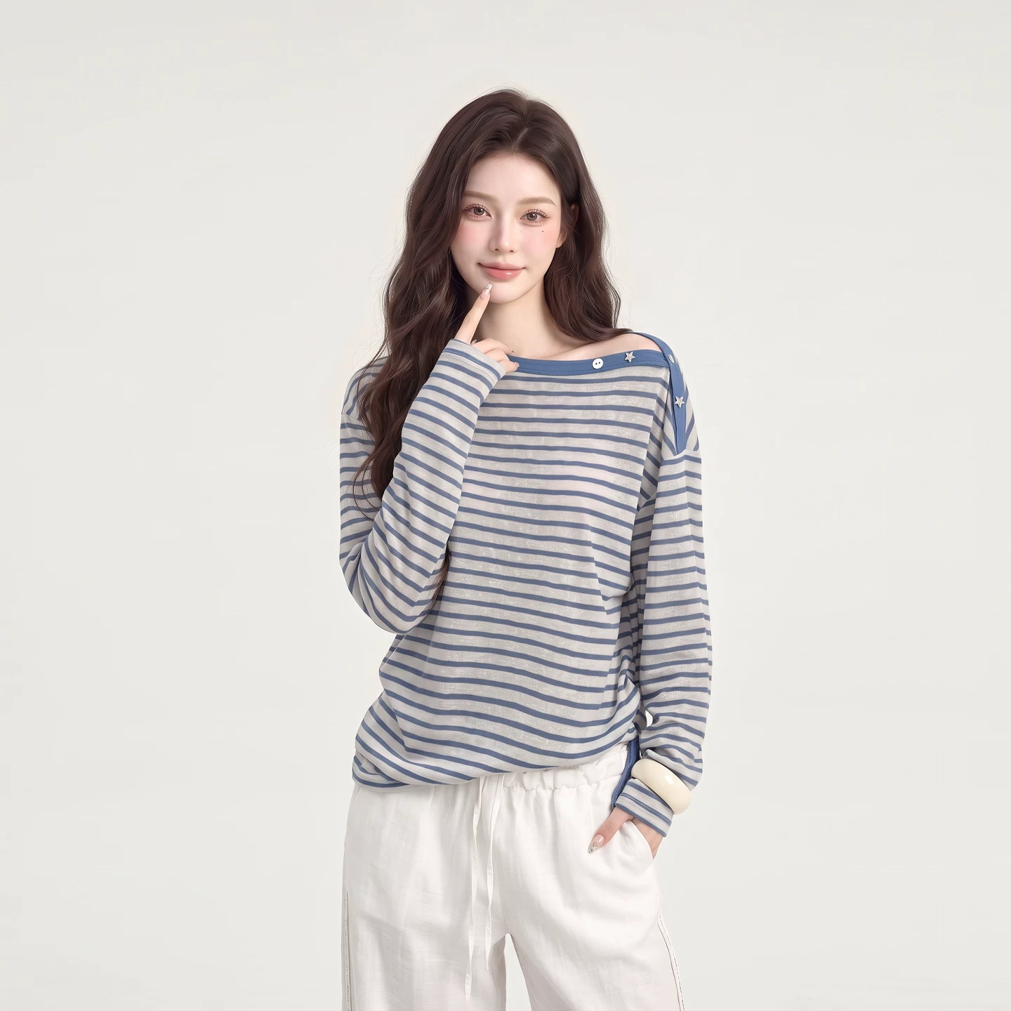 ボーダー 長袖Tシャツ アシンメトリーネック ドロスト ブルー