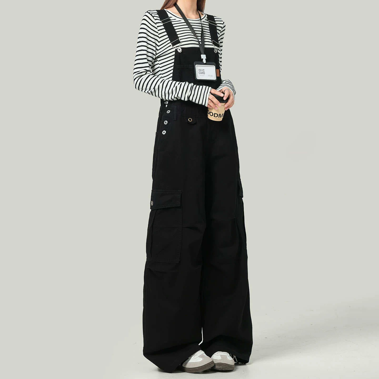 ブラック デニム サロペット ワイドパンツ ストレート