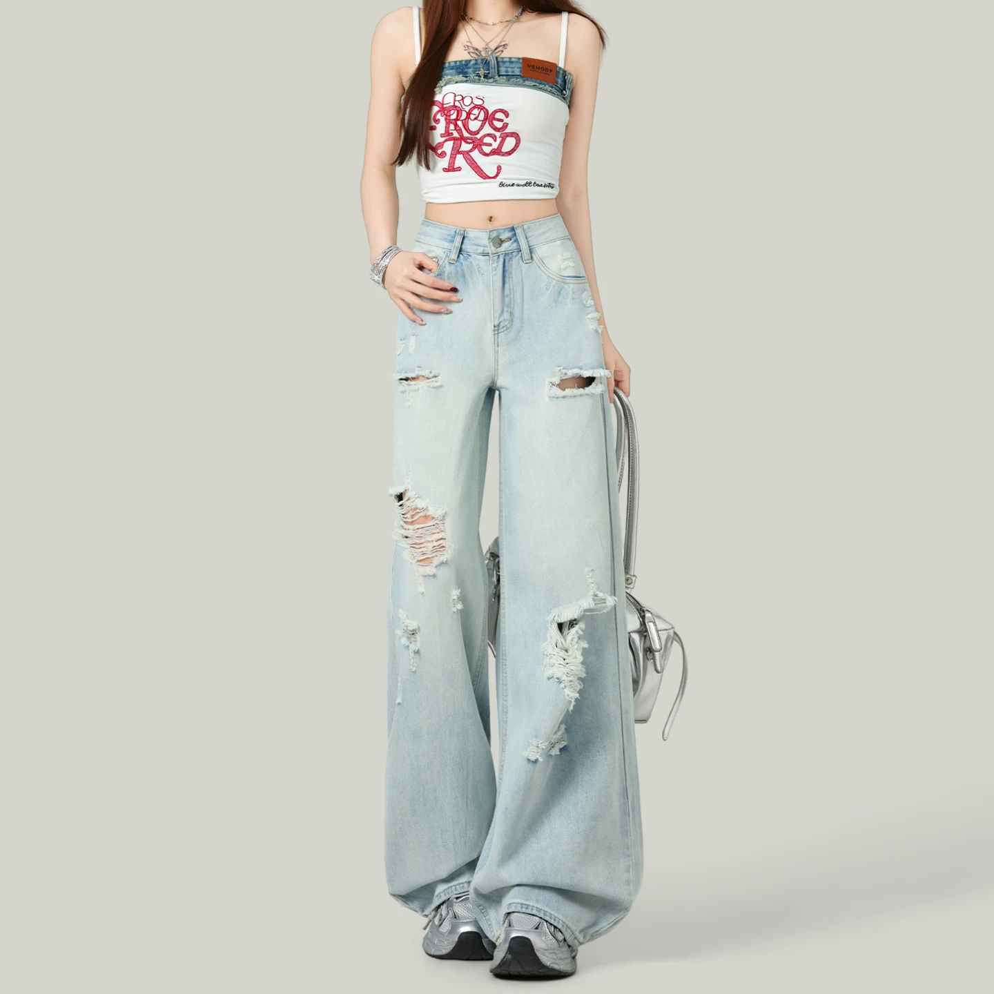 ダメージ加工 ワイドデニムパンツ ハイウエスト ストレート ライトブルー