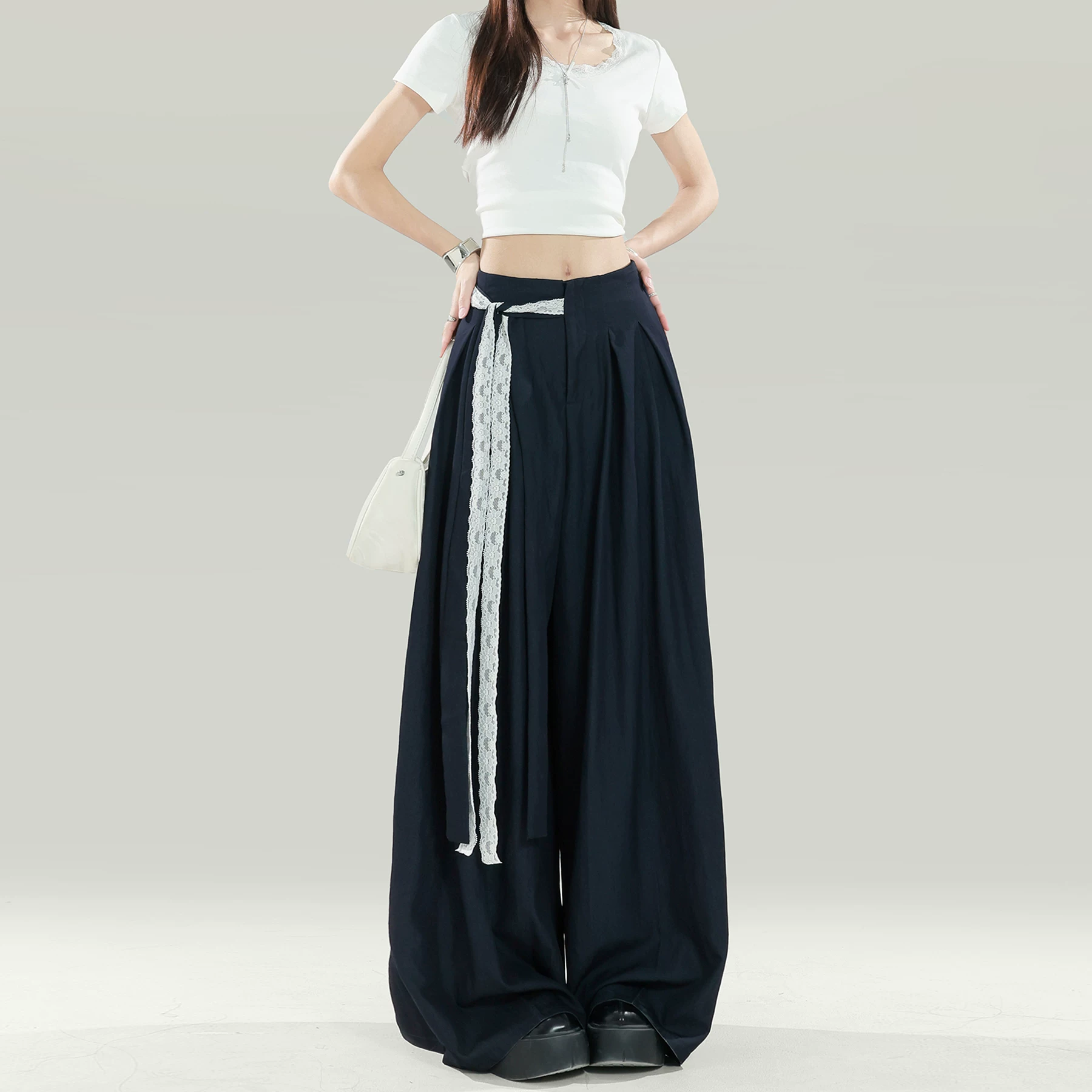 レース リボン ワイドパンツ ハイウエスト 薄手 ロング丈