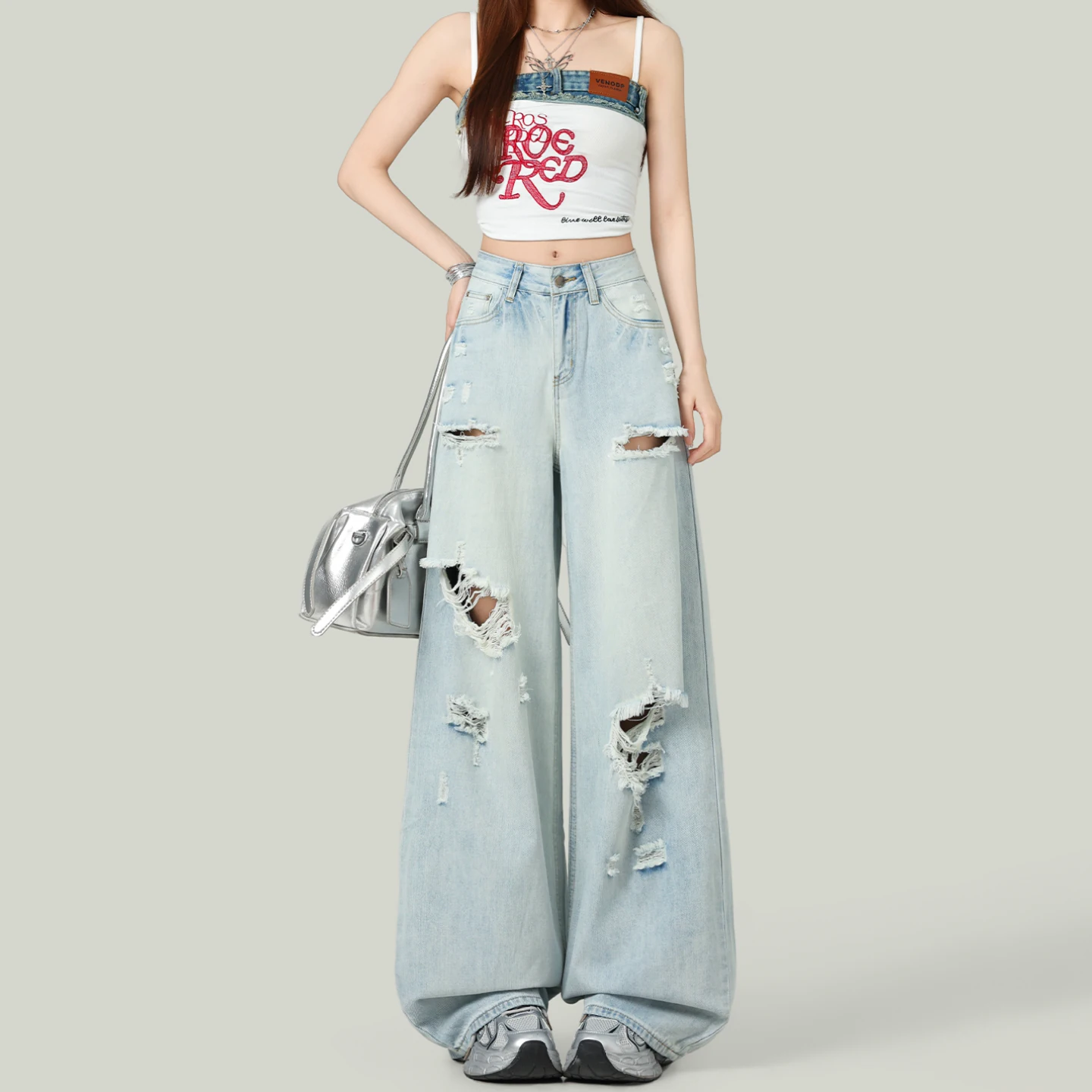 ダメージ加工 ワイドデニムパンツ ハイウエスト ストレート ライトブルー