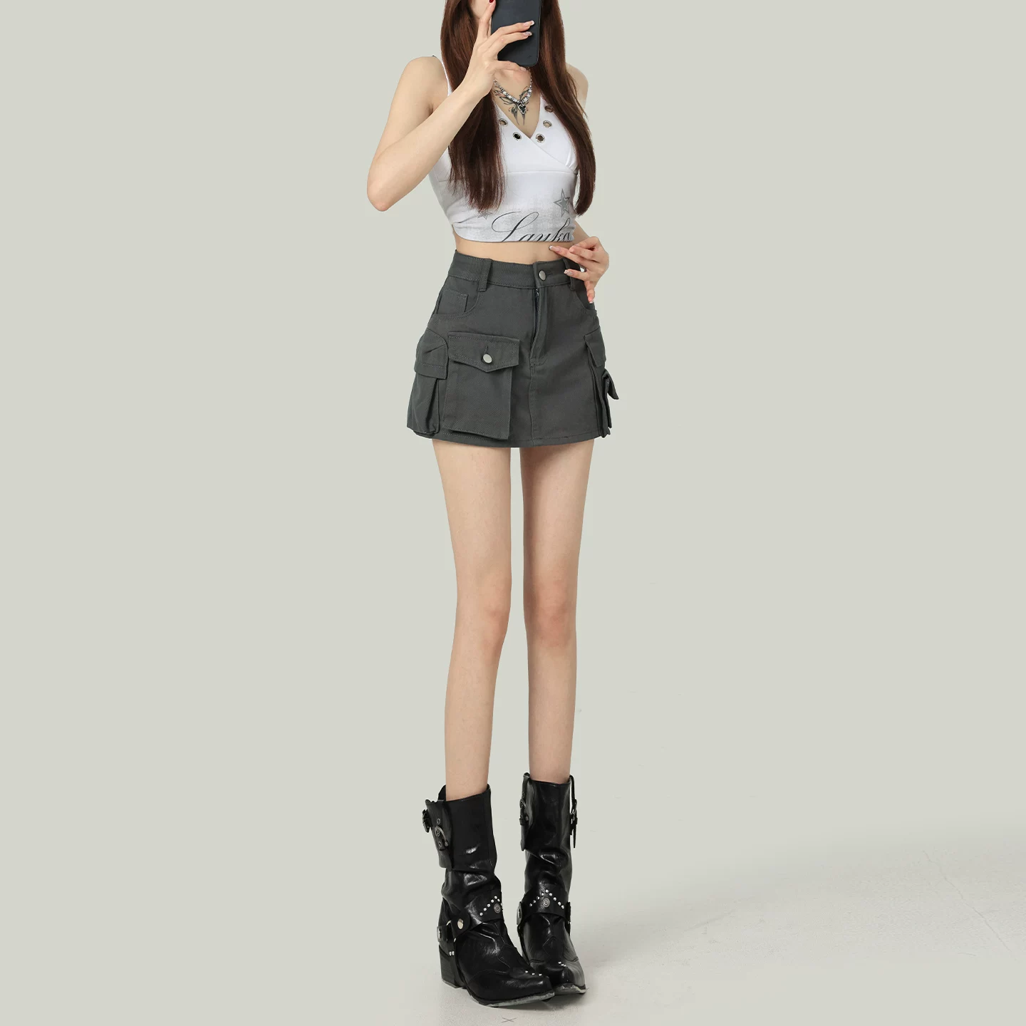 ワークテイスト Aライン ミニスカート マルチポケット ハイウエスト 裏地付き