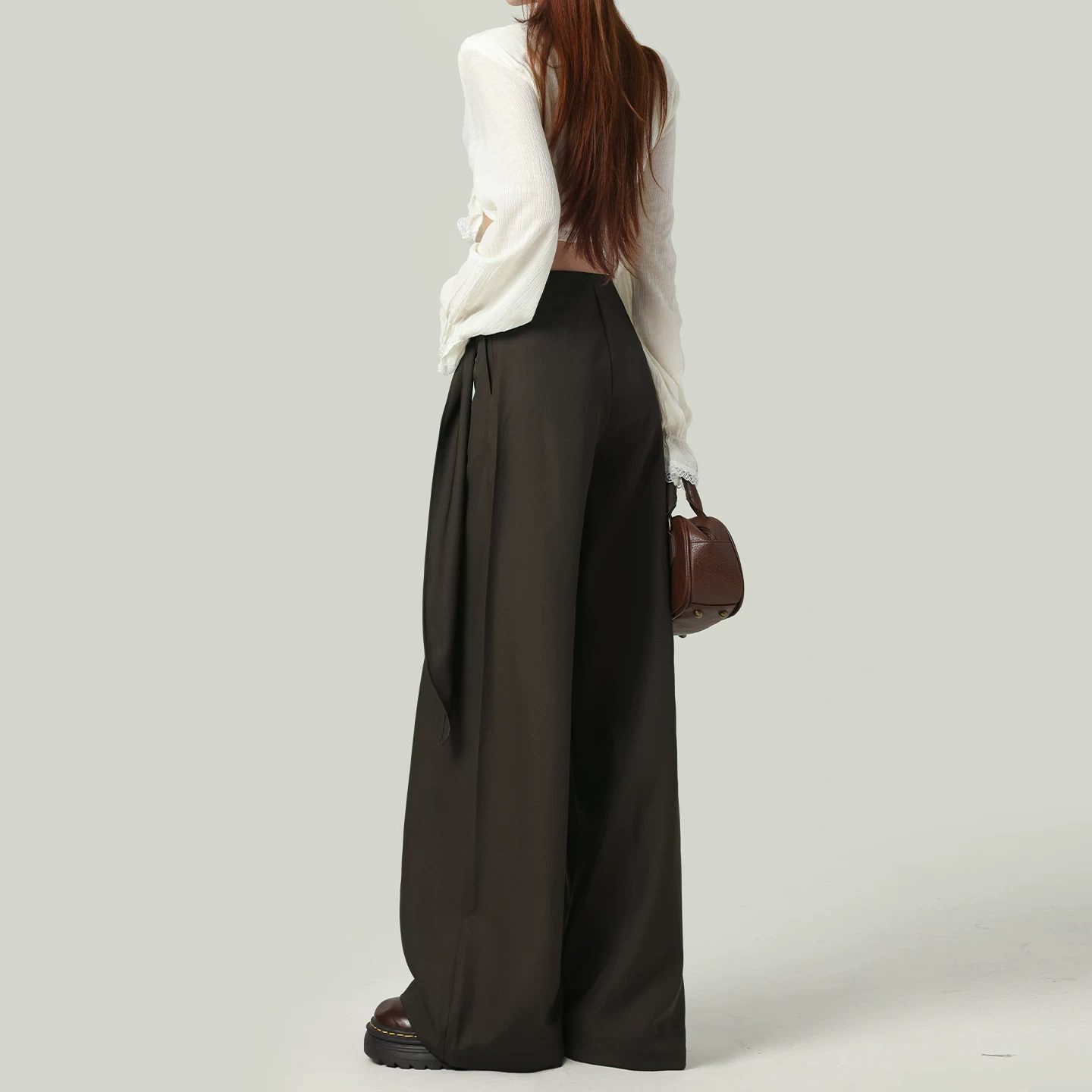 リボン付き ワイドスラックス ハイウエスト ストレート ブラウン