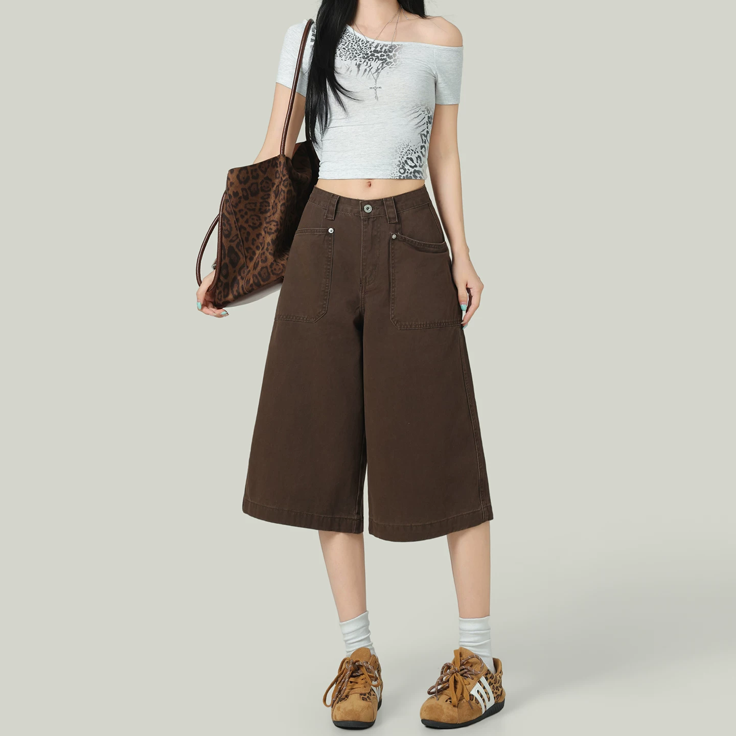 七分丈 ワイドパンツ ハイウエスト ゆったり ブラウン