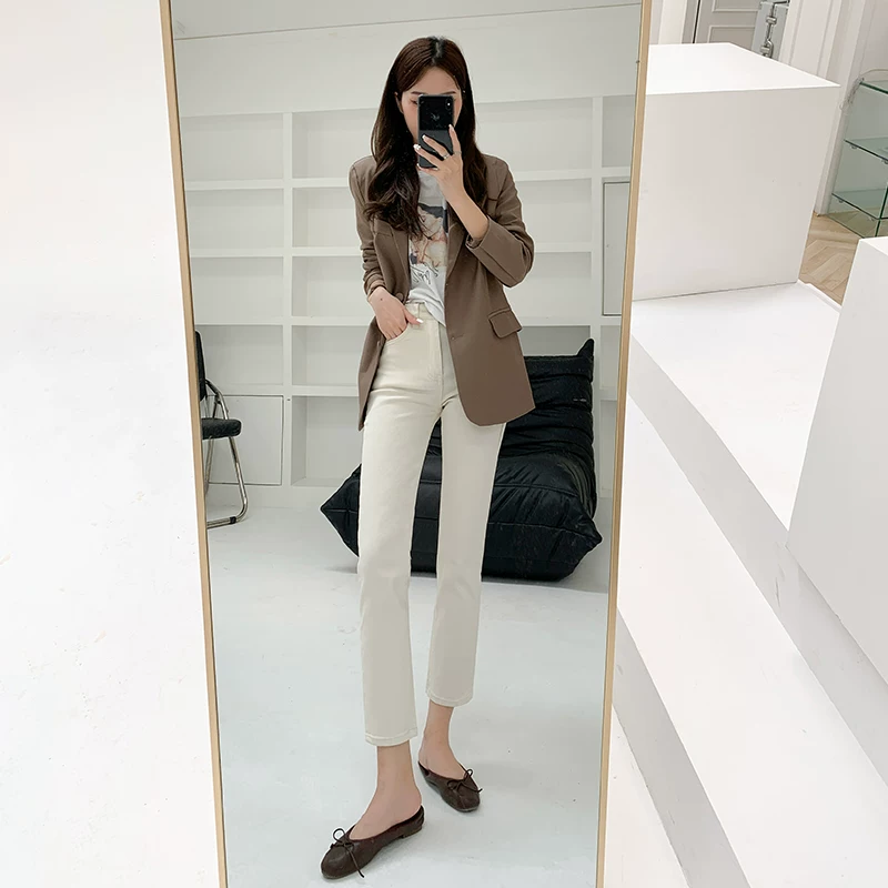 ストレート デニムパンツ ハイウエスト スリム 八分丈・九分丈