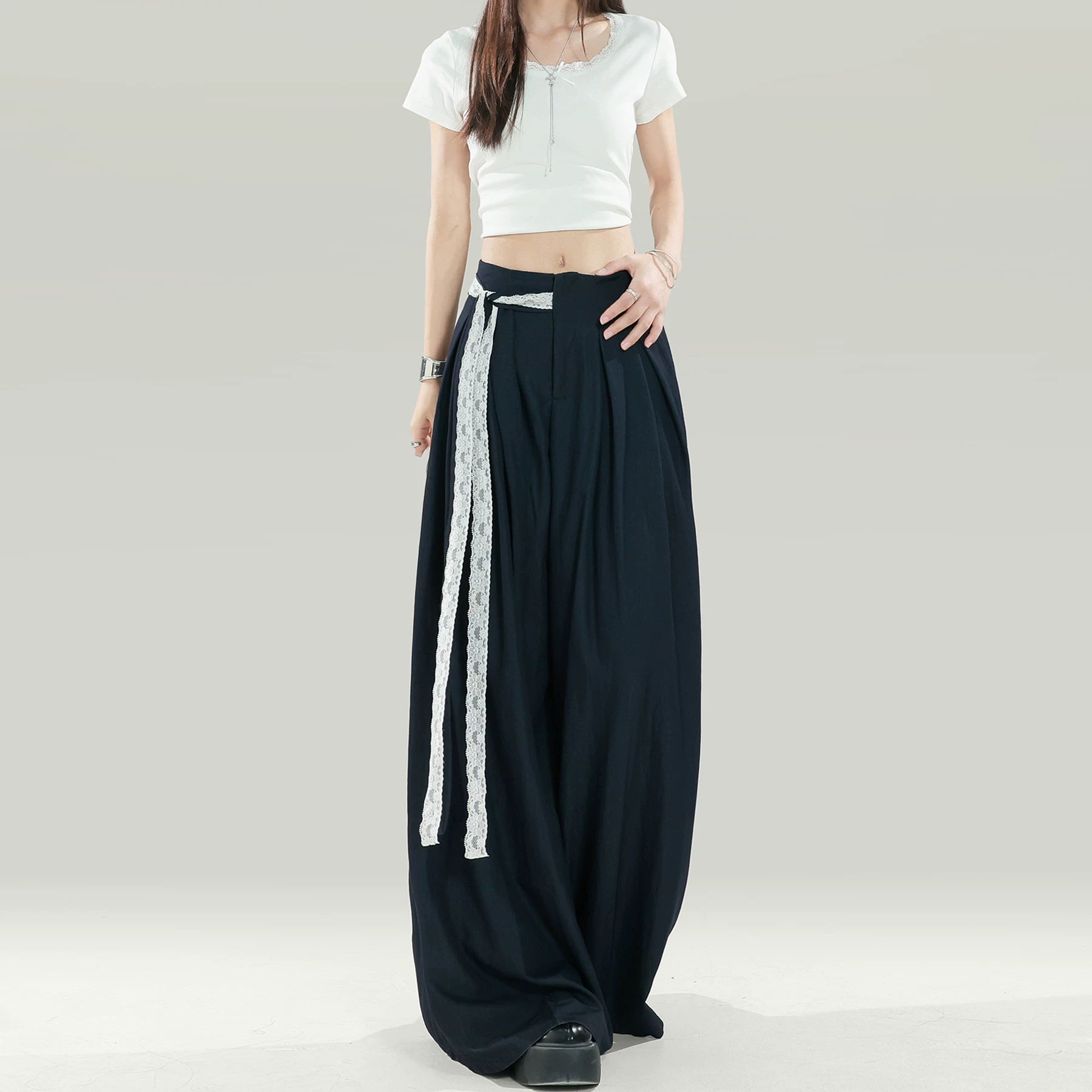 レース リボン ワイドパンツ ハイウエスト 薄手 ロング丈